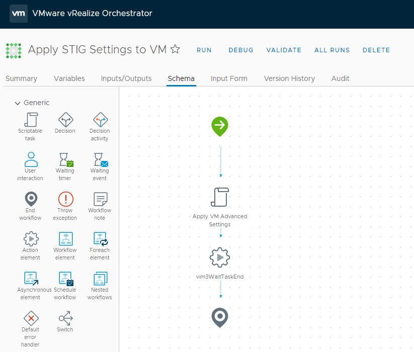 vRealize Orchestrator Schema view for the Apply STIG Settings to VM workflow