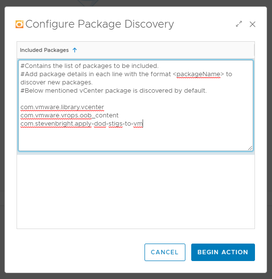The Configure Package Discovery window for the vRealize Operations Management Pack for vRealize Orchestrator