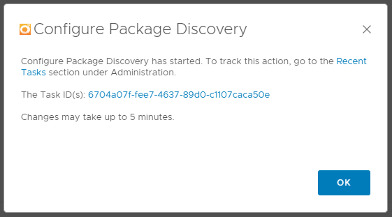 vRealize Operations Configure Package Discovery confirmation dialog