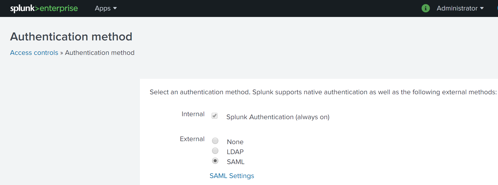 Splunk Enterprise Authentication Method Settings