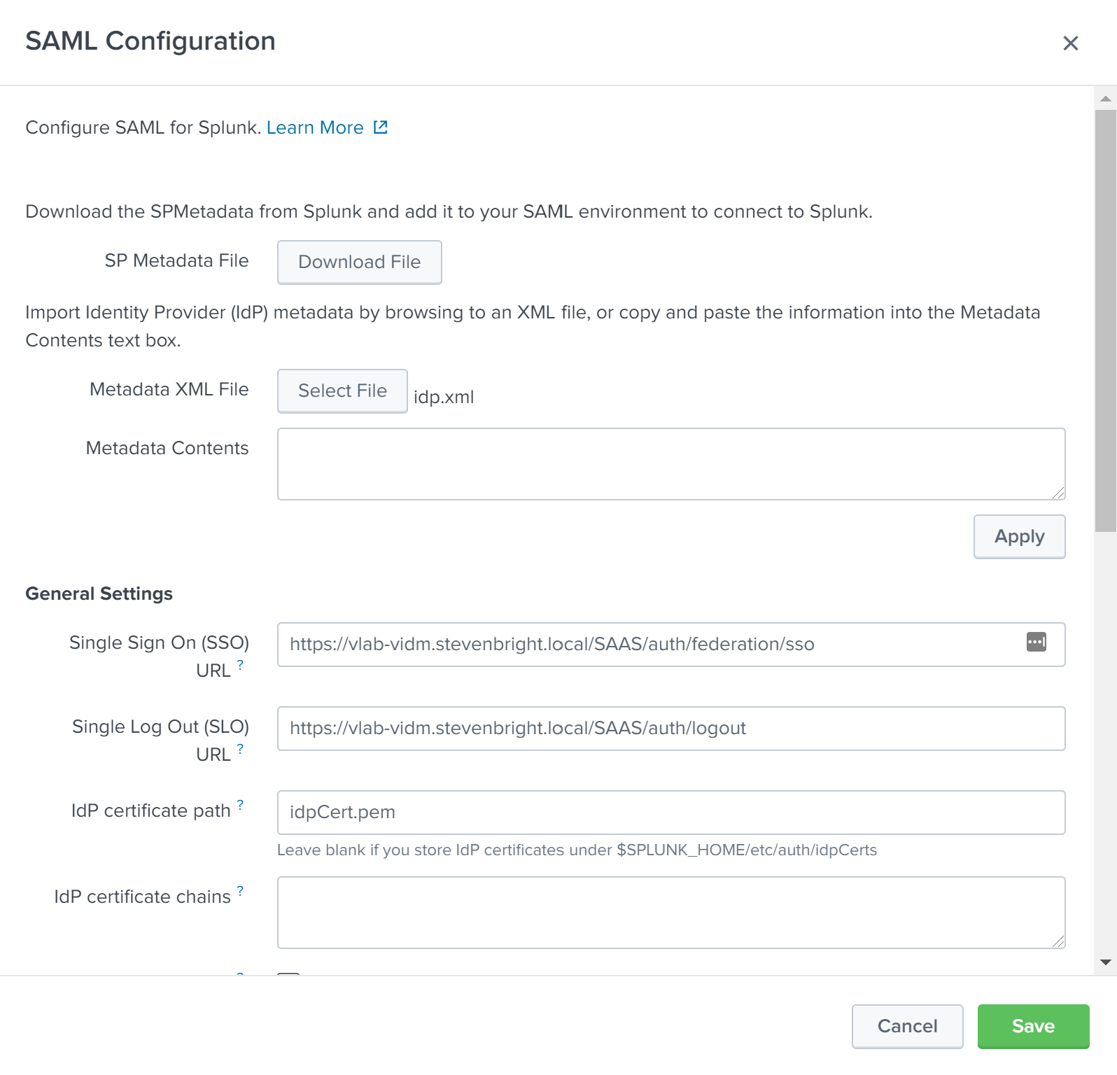 Splunk Enterprise SAML Configuration Dialog after Importing idp.xml file