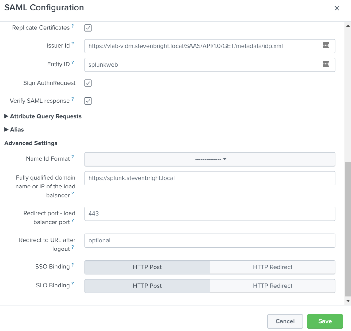Splunk Enterprise SAML Configuration with Additional Values Filled