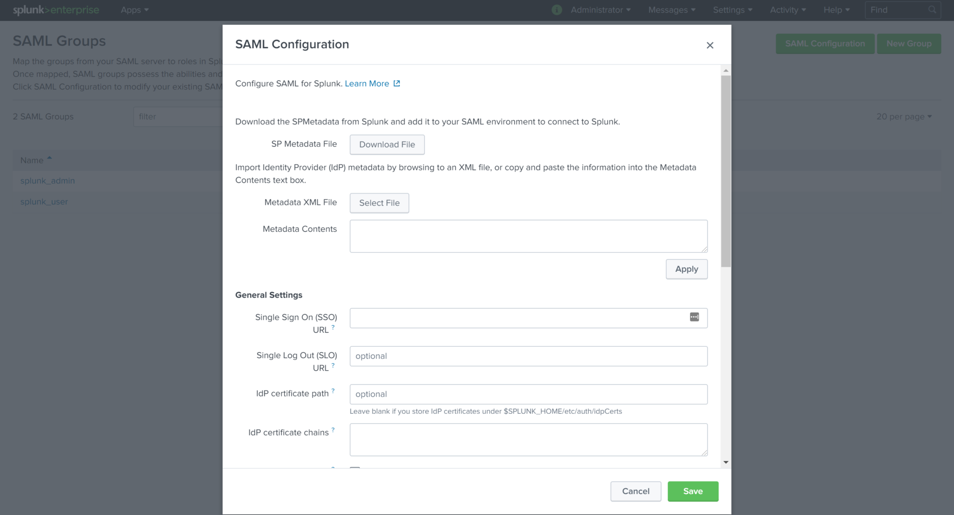 Splunk Enterprise SAML Configuration Dialog