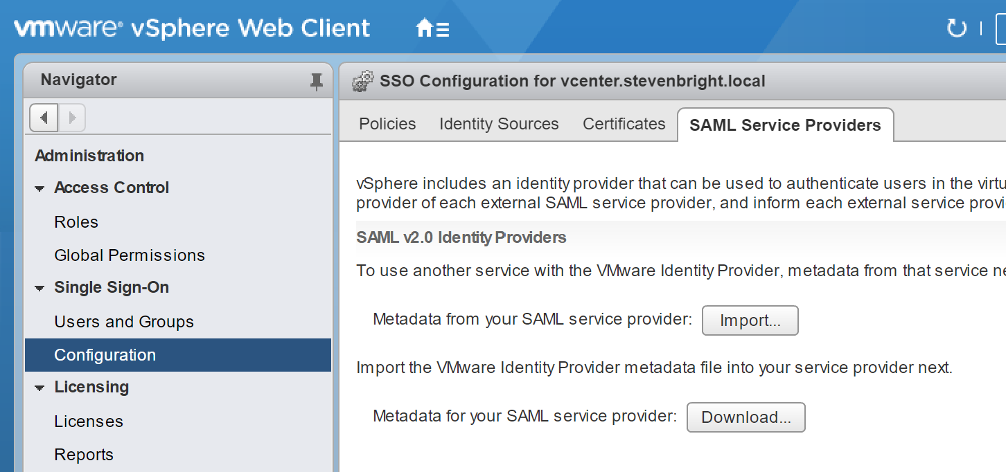 vSphere Web Client - SAML Service Provider Configuration