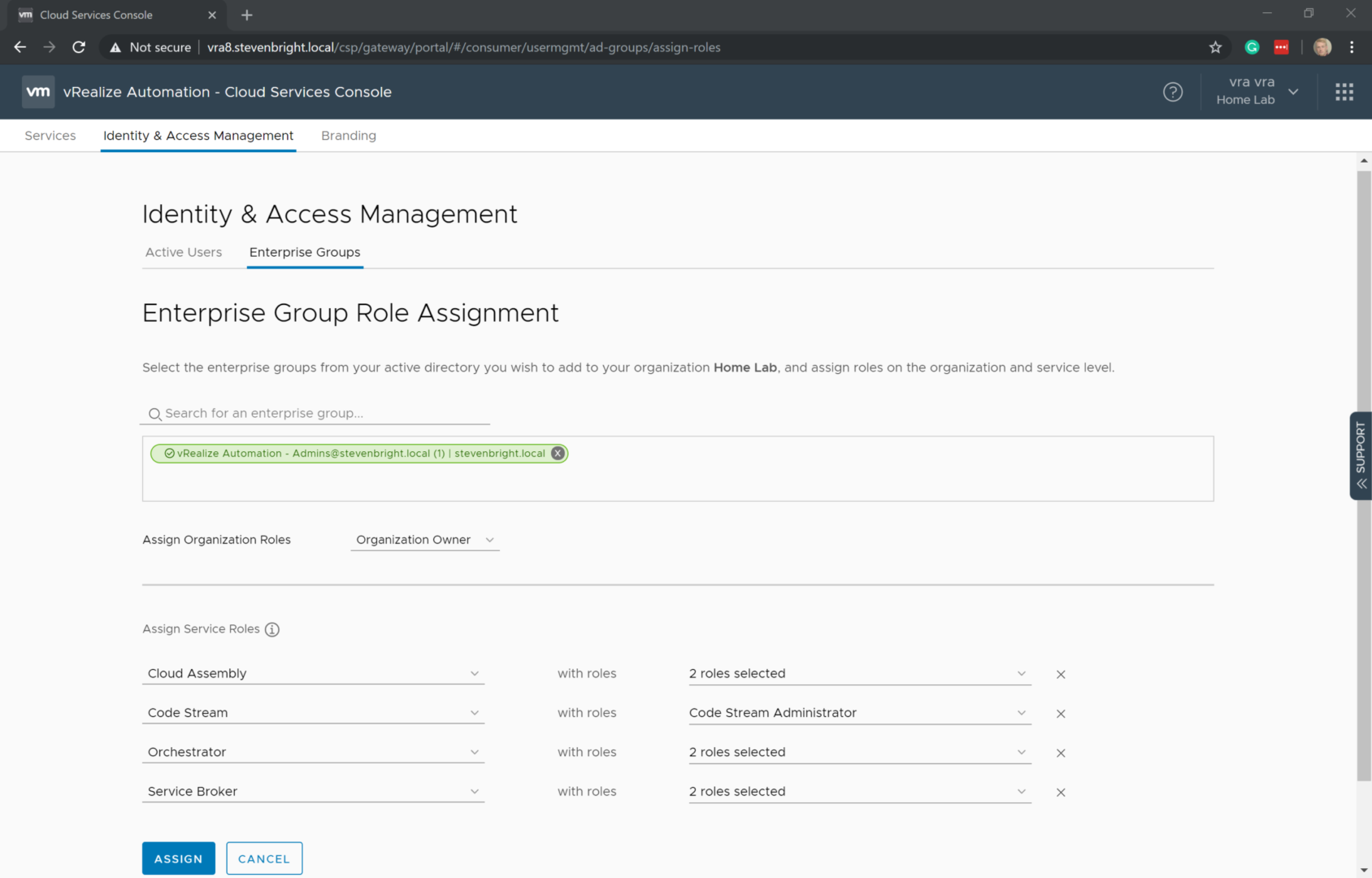 vRealize Automation 8.0 - Identity and Access Management - Enterprise Groups - Edit Roles