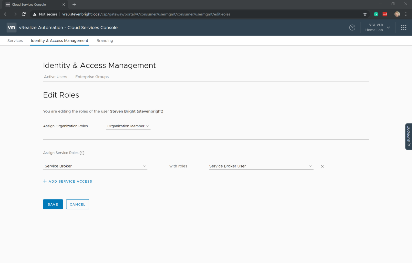 vRealize Automation 8.0 - Identity and Access Management - Users - Edit Roles