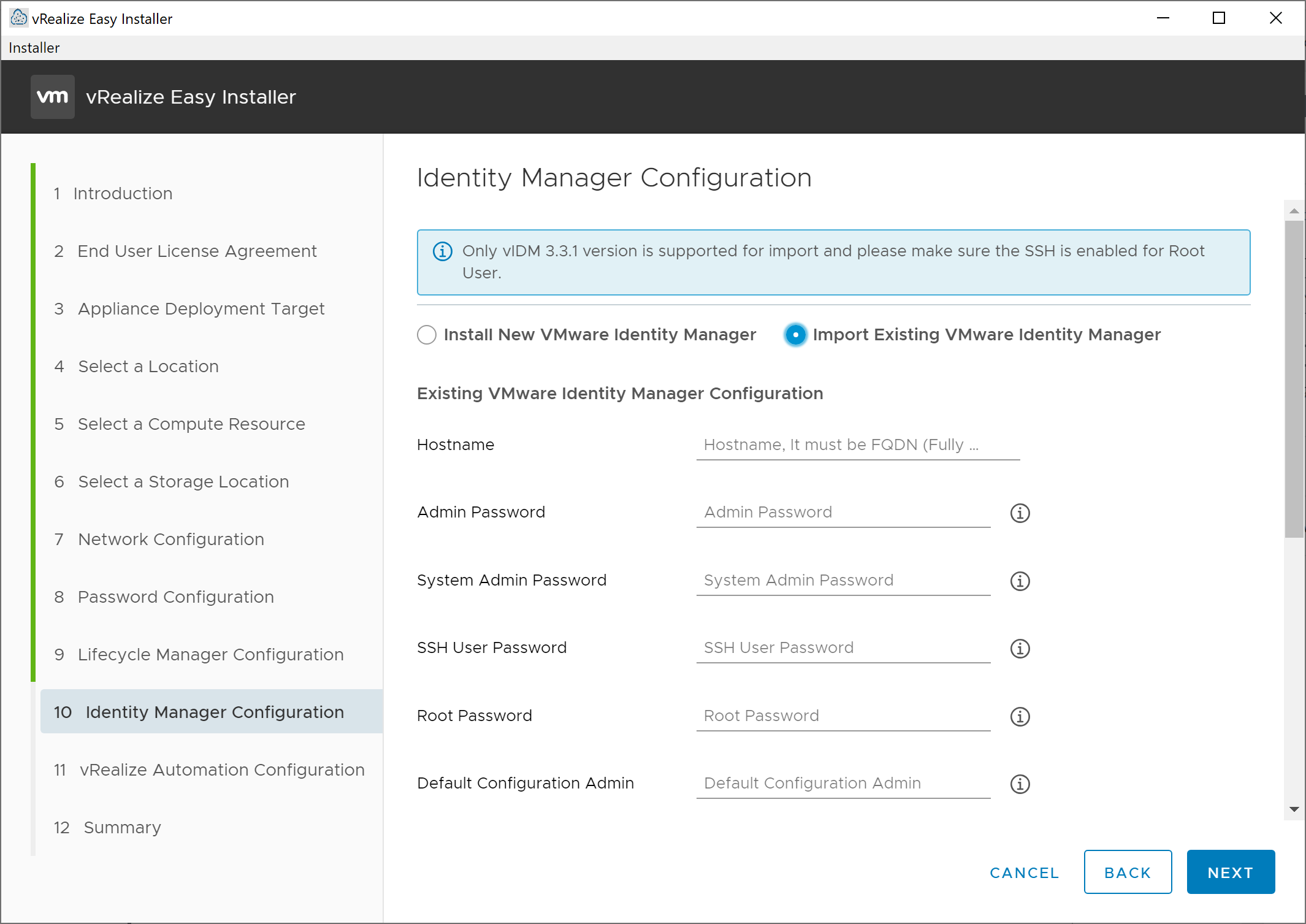 vRealize Easy Installer - New Install - Identity Manager Configuration - Import Existing Identity Manager
