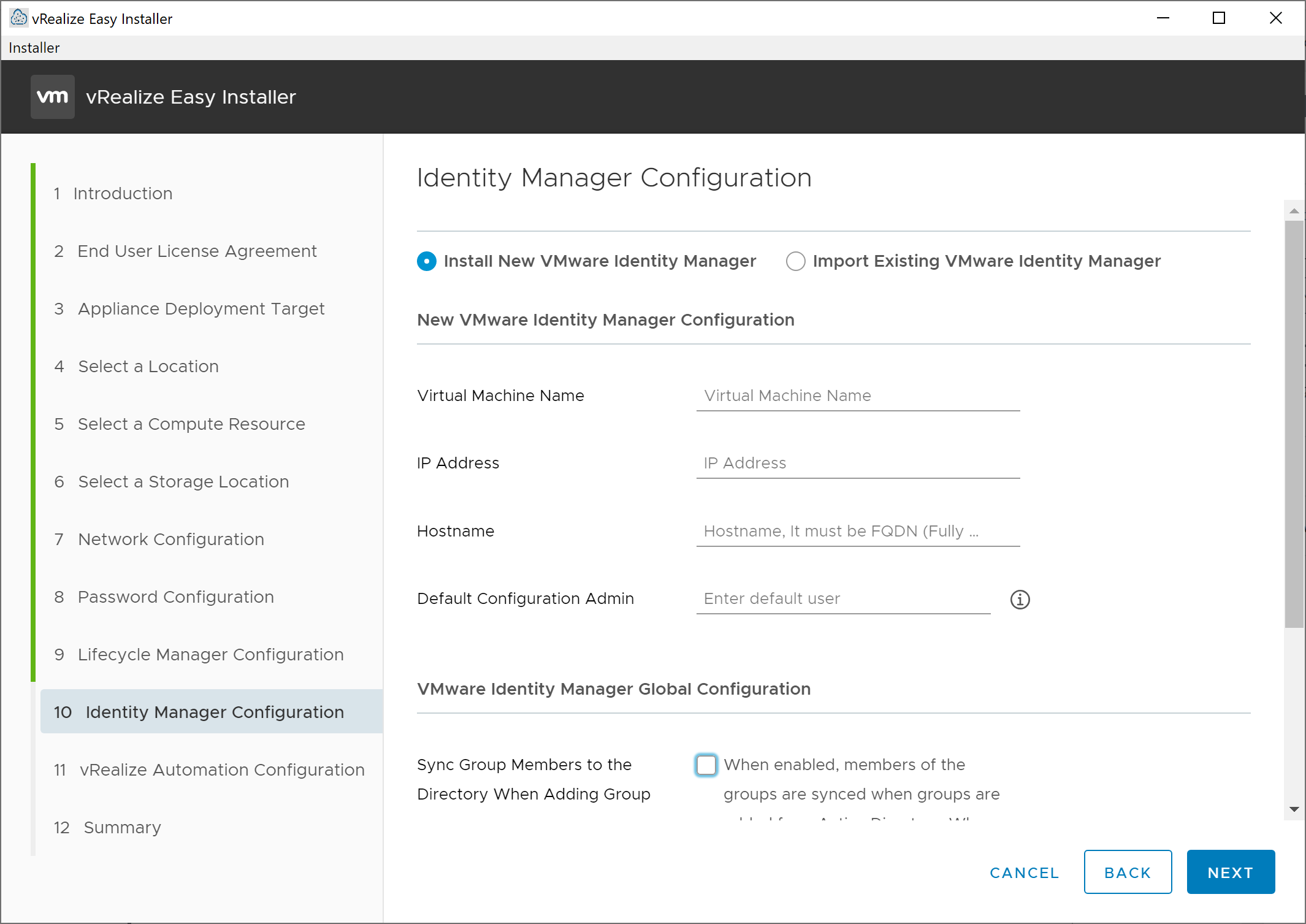 vRealize Easy Installer - New Install - Identity Manager Configuration - Install New Identity Manager