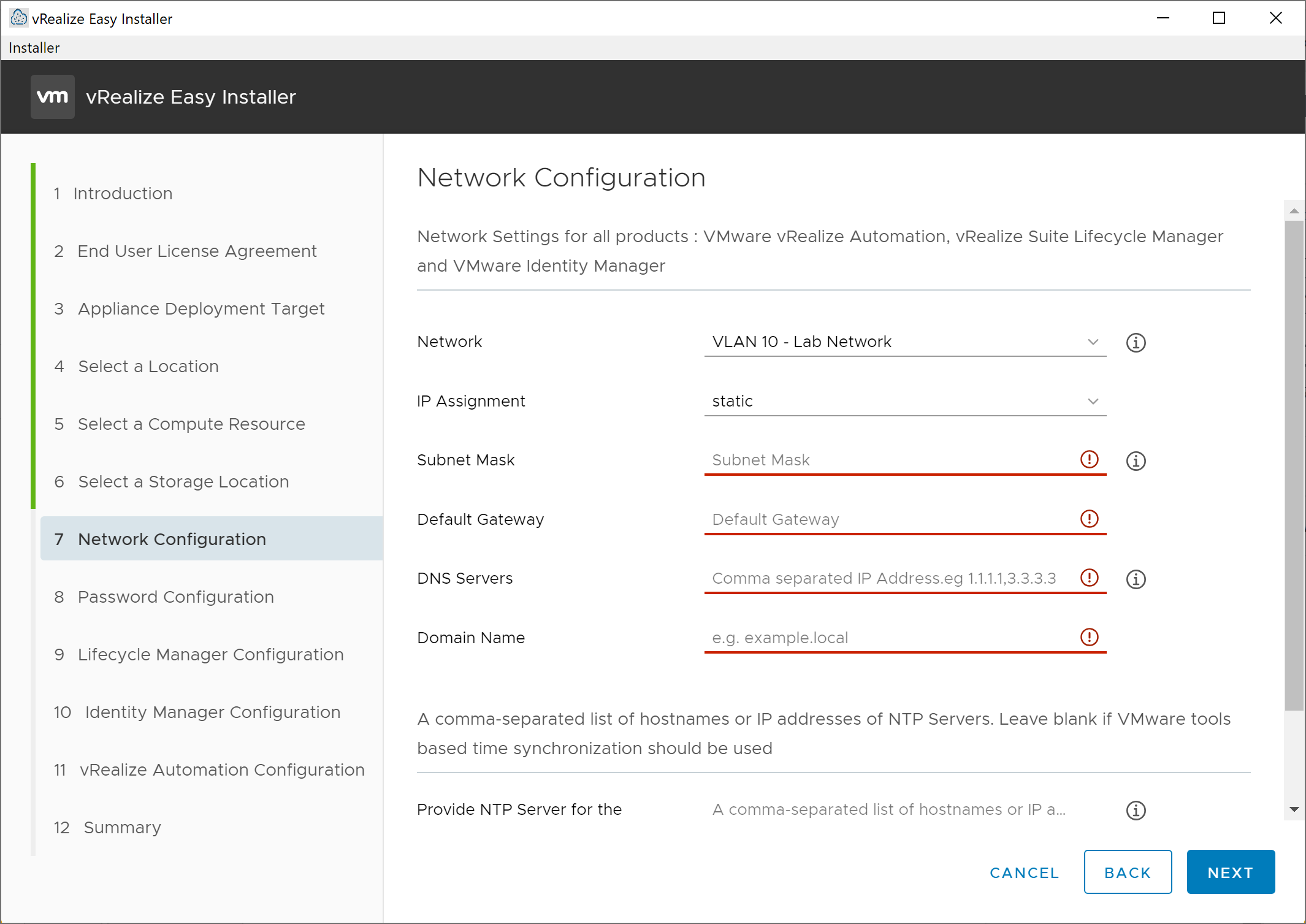 vRealize Easy Installer - New Install - Network Configuration