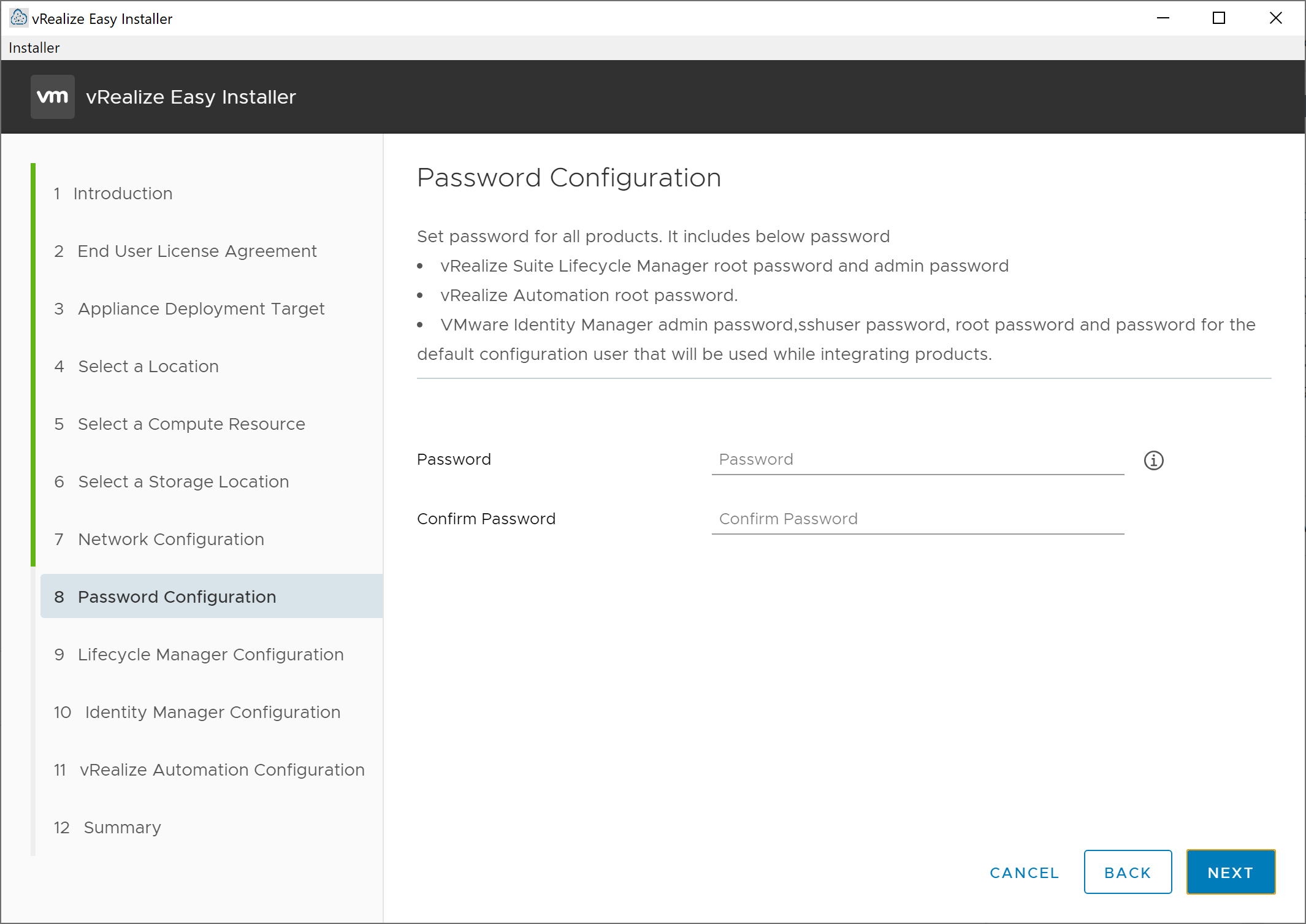 vRealize Easy Installer - New Install - Password Configuration