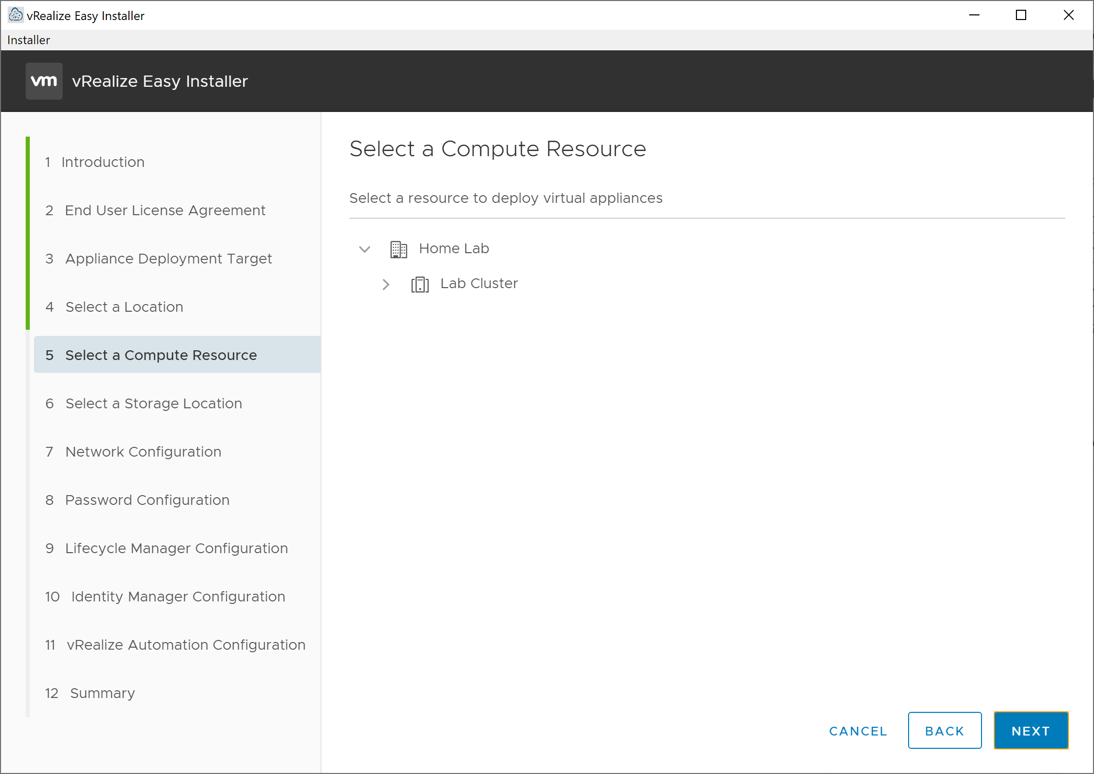 vRealize Easy Installer - New Install - Select a Compute Resource