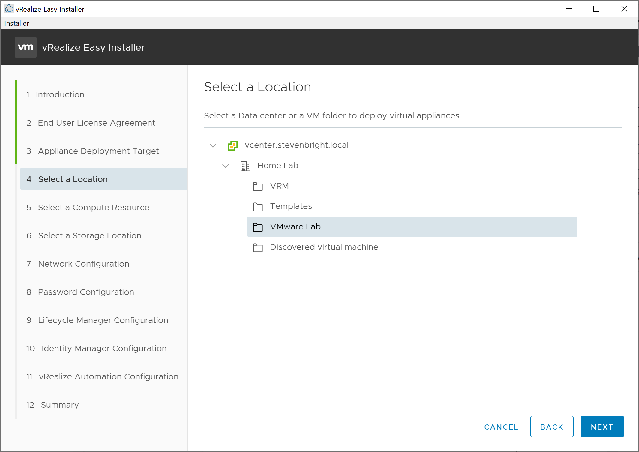 vRealize Easy Installer - New Install - Select a Location