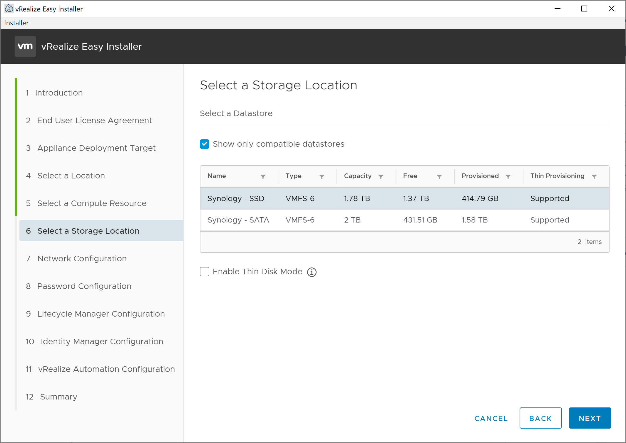 vRealize Easy Installer - New Install - Select a Storage Location