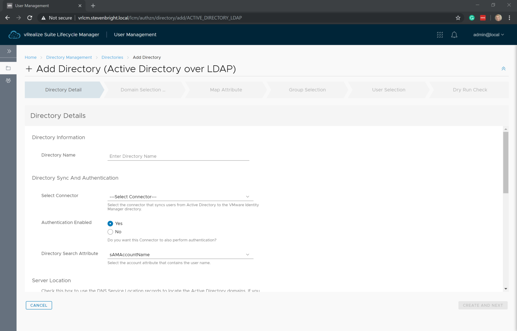 vRealize Suite Lifecycle Manager - User Management - Directory Management - Add Directory Wizard - Directory Detail