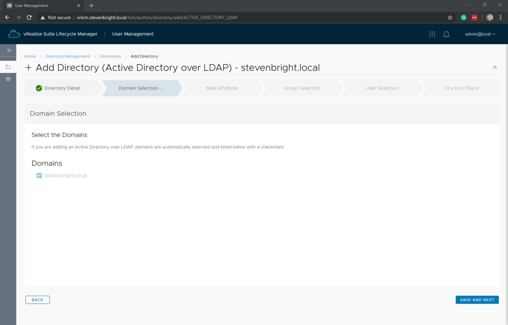 vRealize Suite Lifecycle Manager - User Management - Directory Management - Add Directory Wizard - Domain Selection