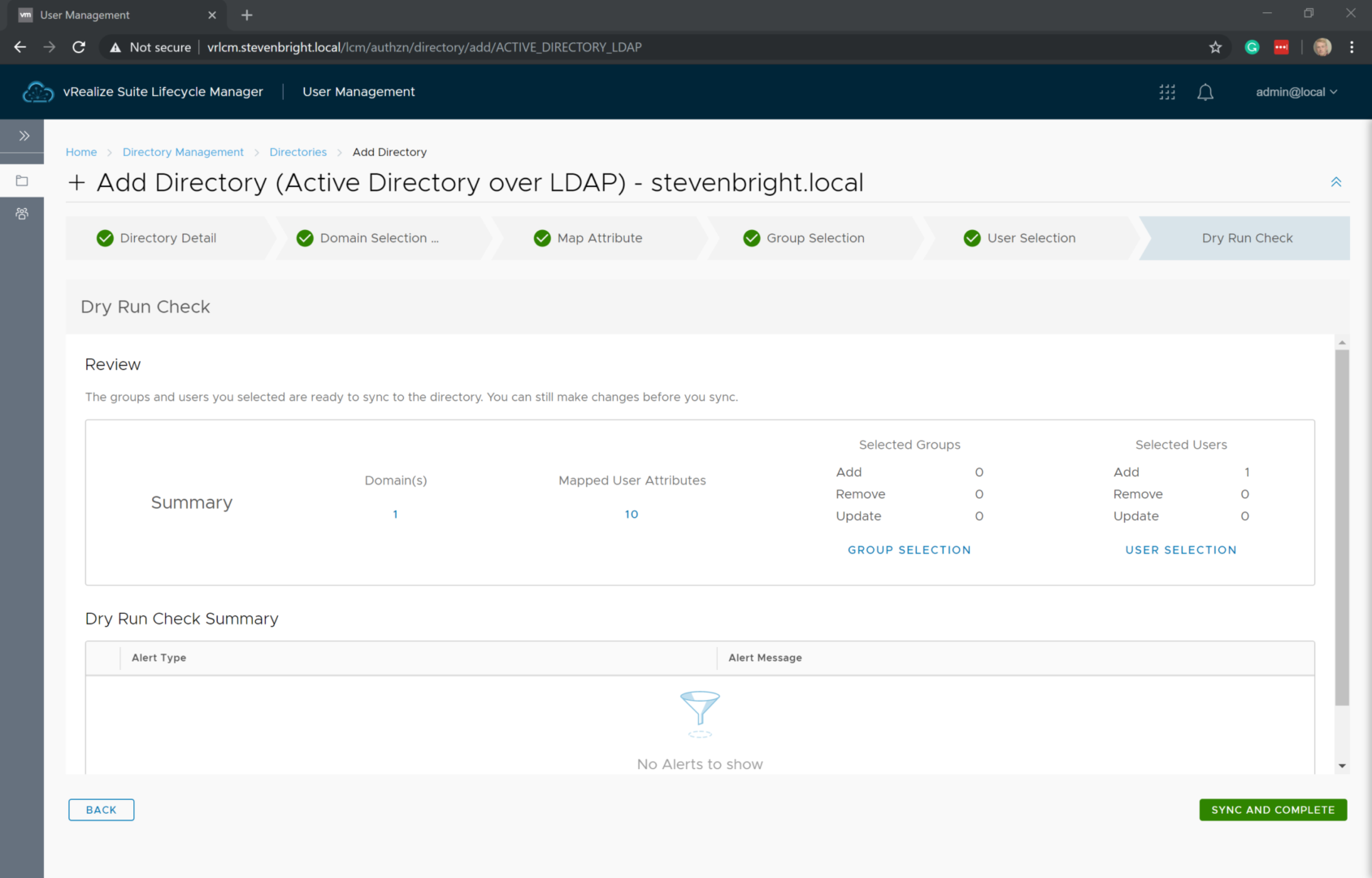 vRealize Suite Lifecycle Manager - User Management - Directory Management - Add Directory Wizard - Dry Run Check