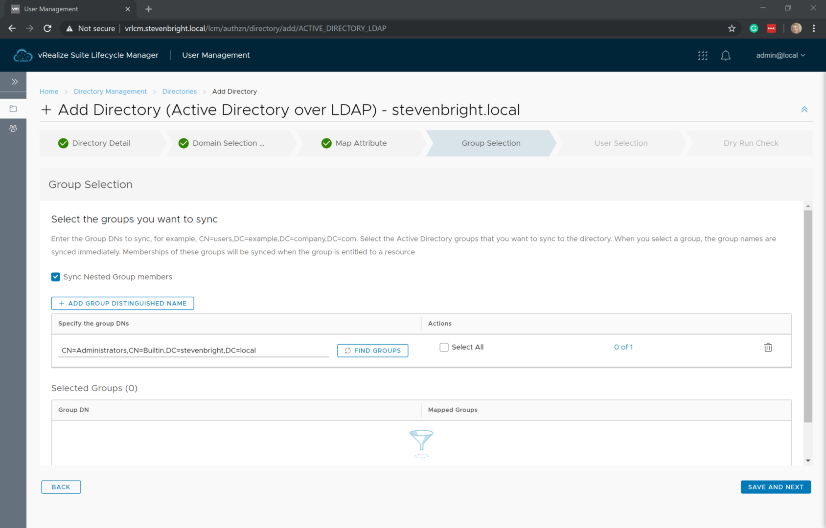 vRealize Suite Lifecycle Manager - User Management - Directory Management - Add Directory Wizard - Group Selection
