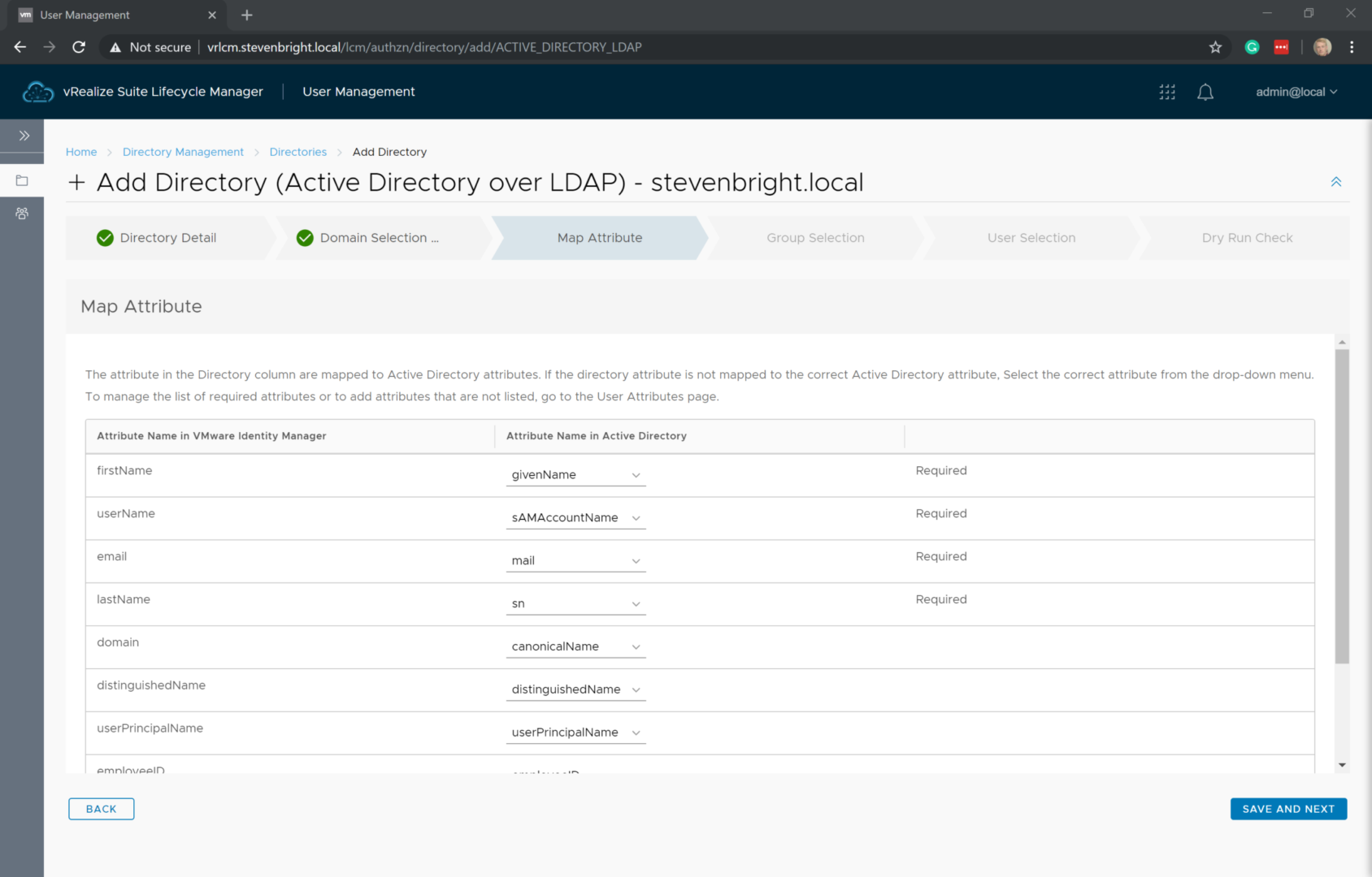 vRealize Suite Lifecycle Manager - User Management - Directory Management - Add Directory Wizard - Map Attribute