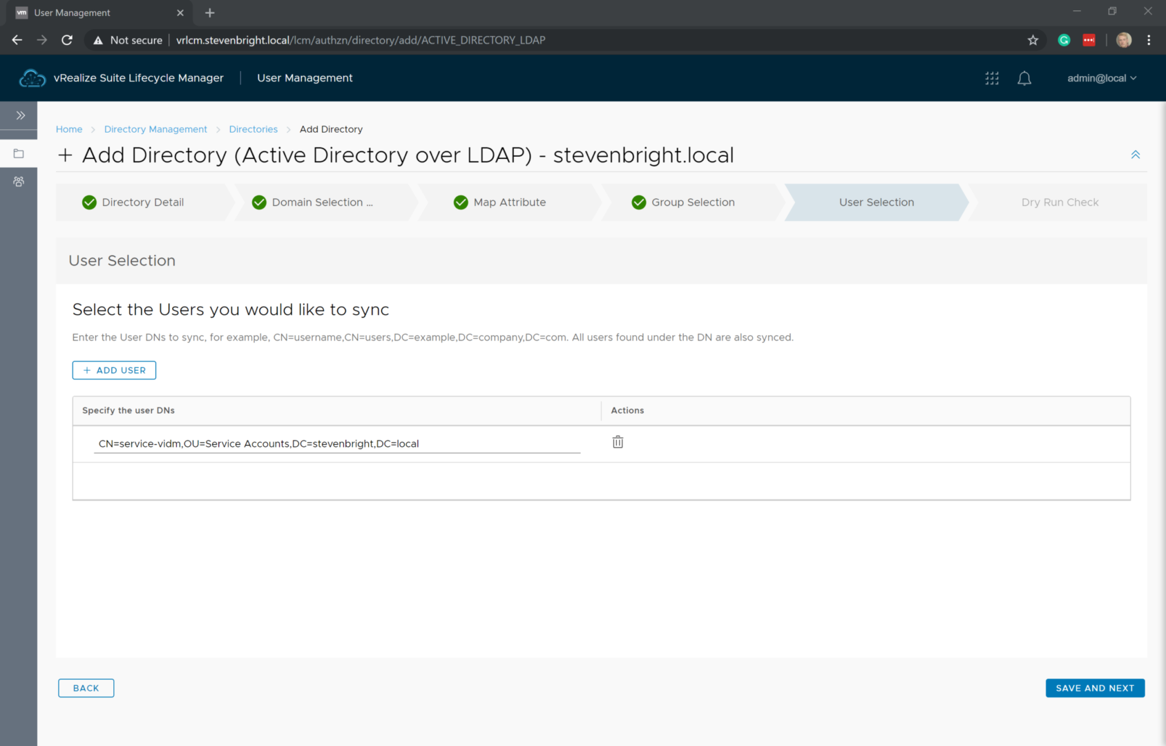 vRealize Suite Lifecycle Manager - User Management - Directory Management - Add Directory Wizard - User Selection