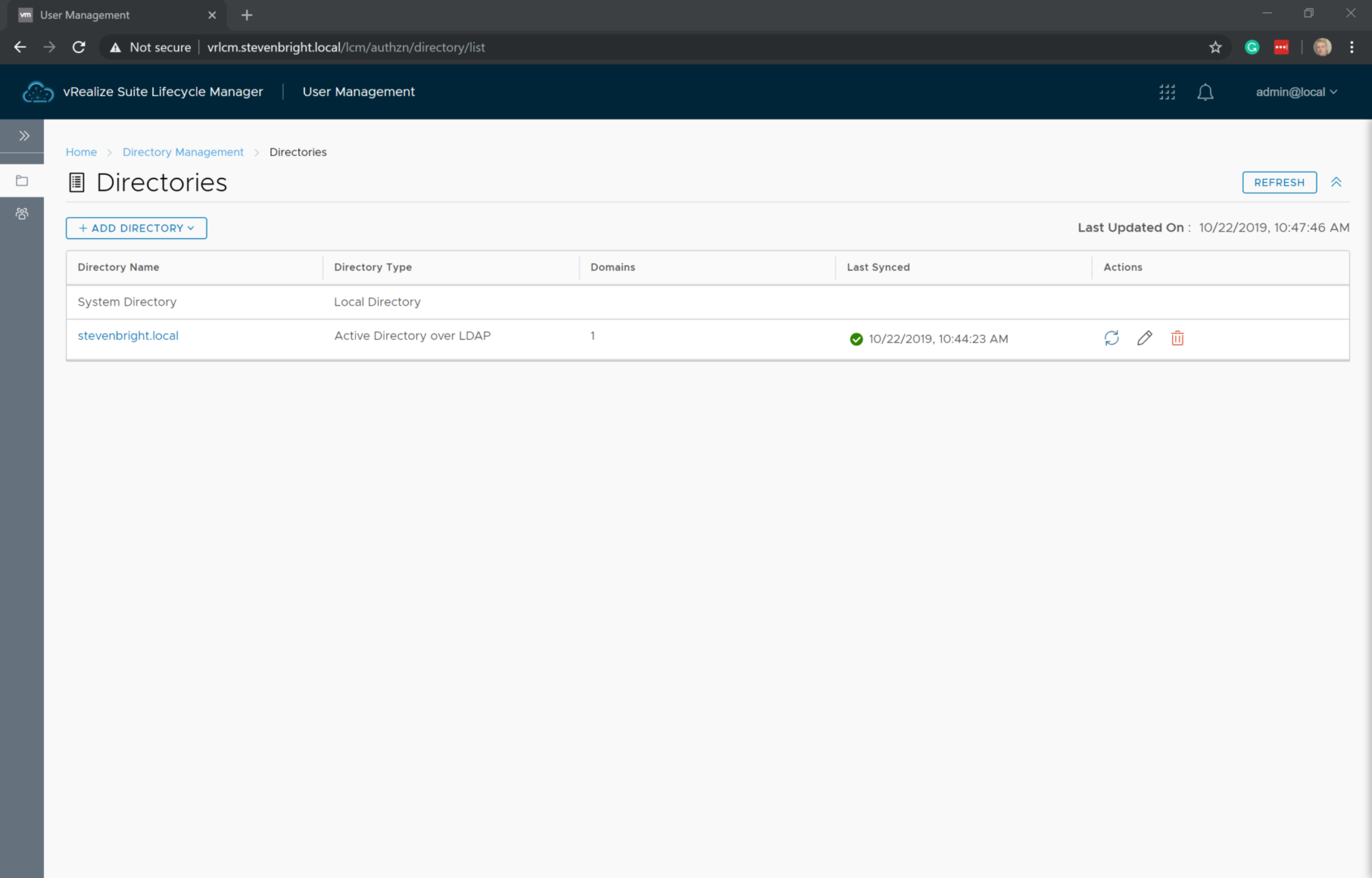 vRealize Suite Lifecycle Manager - User Management - Directory Management - Directory List - Directory Successfully Added