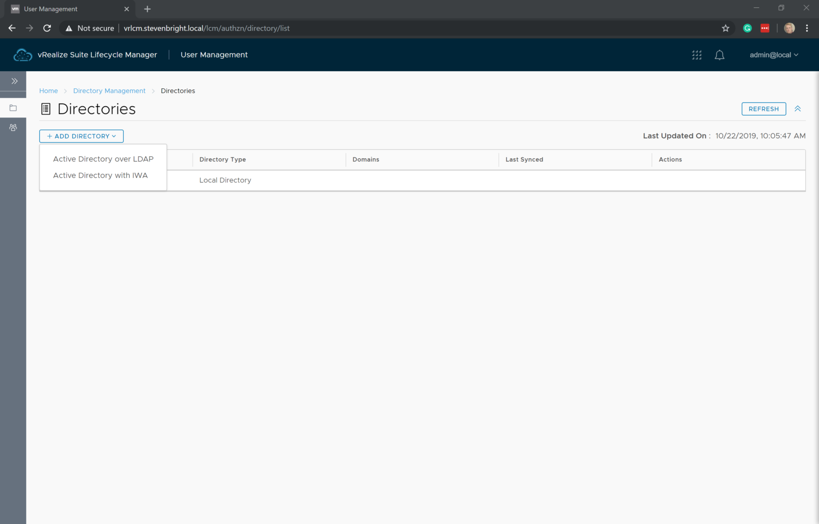 vRealize Suite Lifecycle Manager - User Management - Directory Management - Directory List
