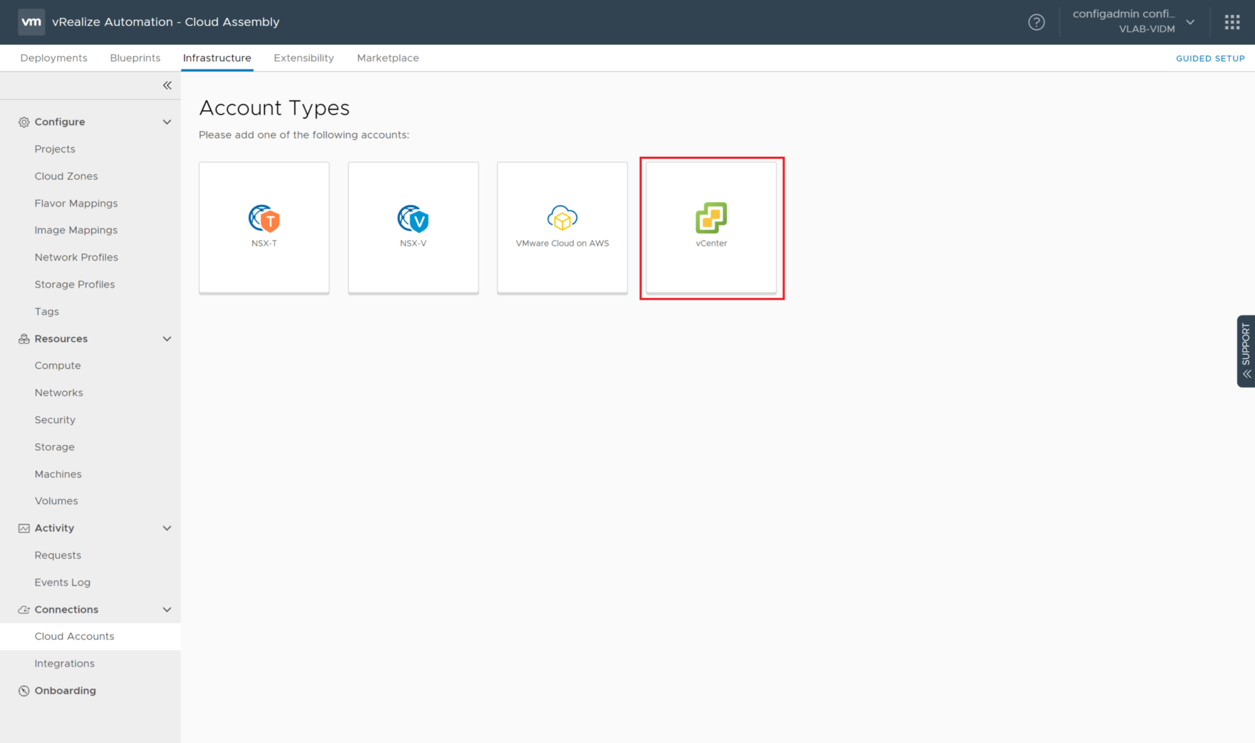 vRealize Automation 8.0 - Cloud Assembly - Add Cloud Account - Account Type
