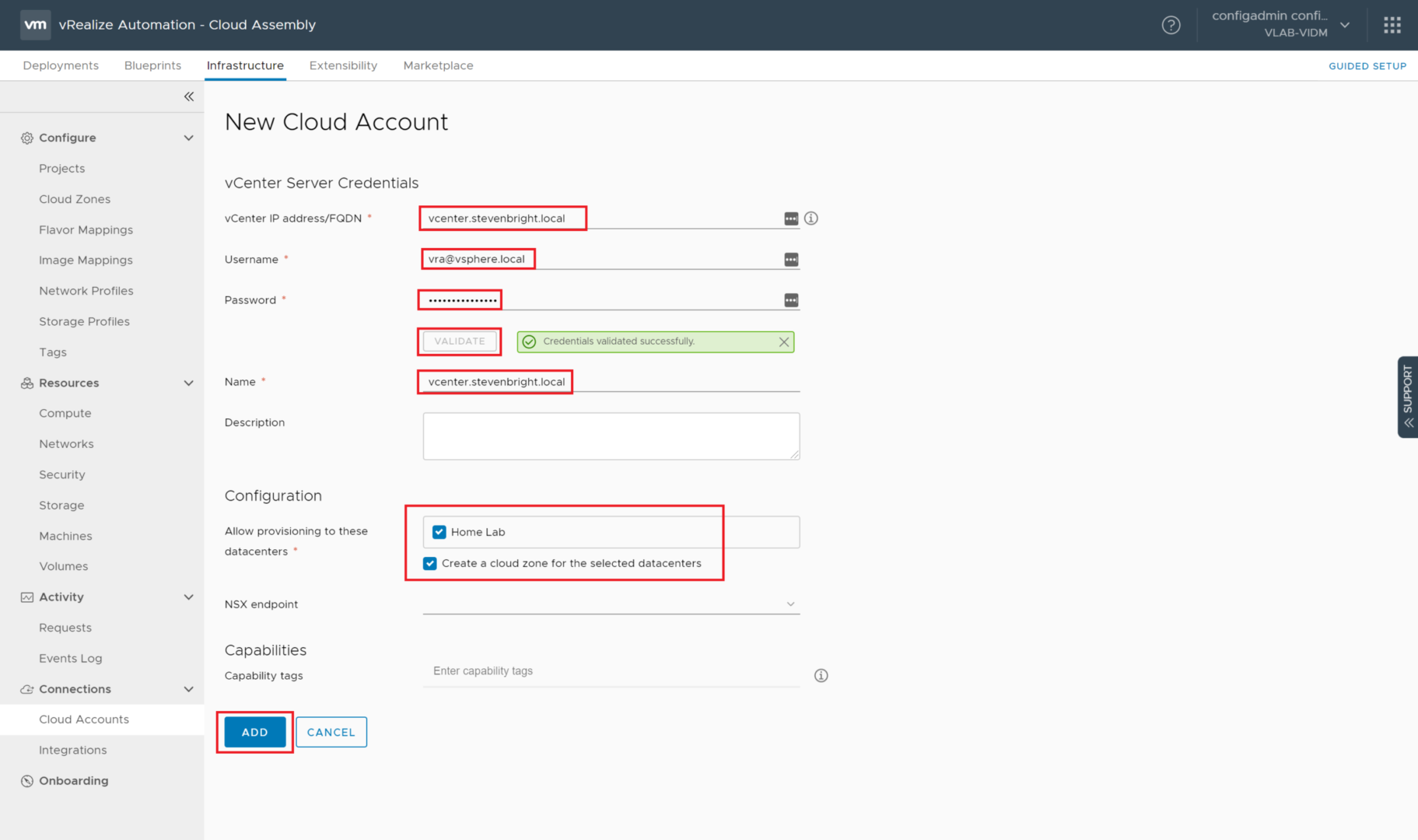 vRealize Automation 8.0 - Cloud Assembly - Add Cloud Account - New Cloud Account