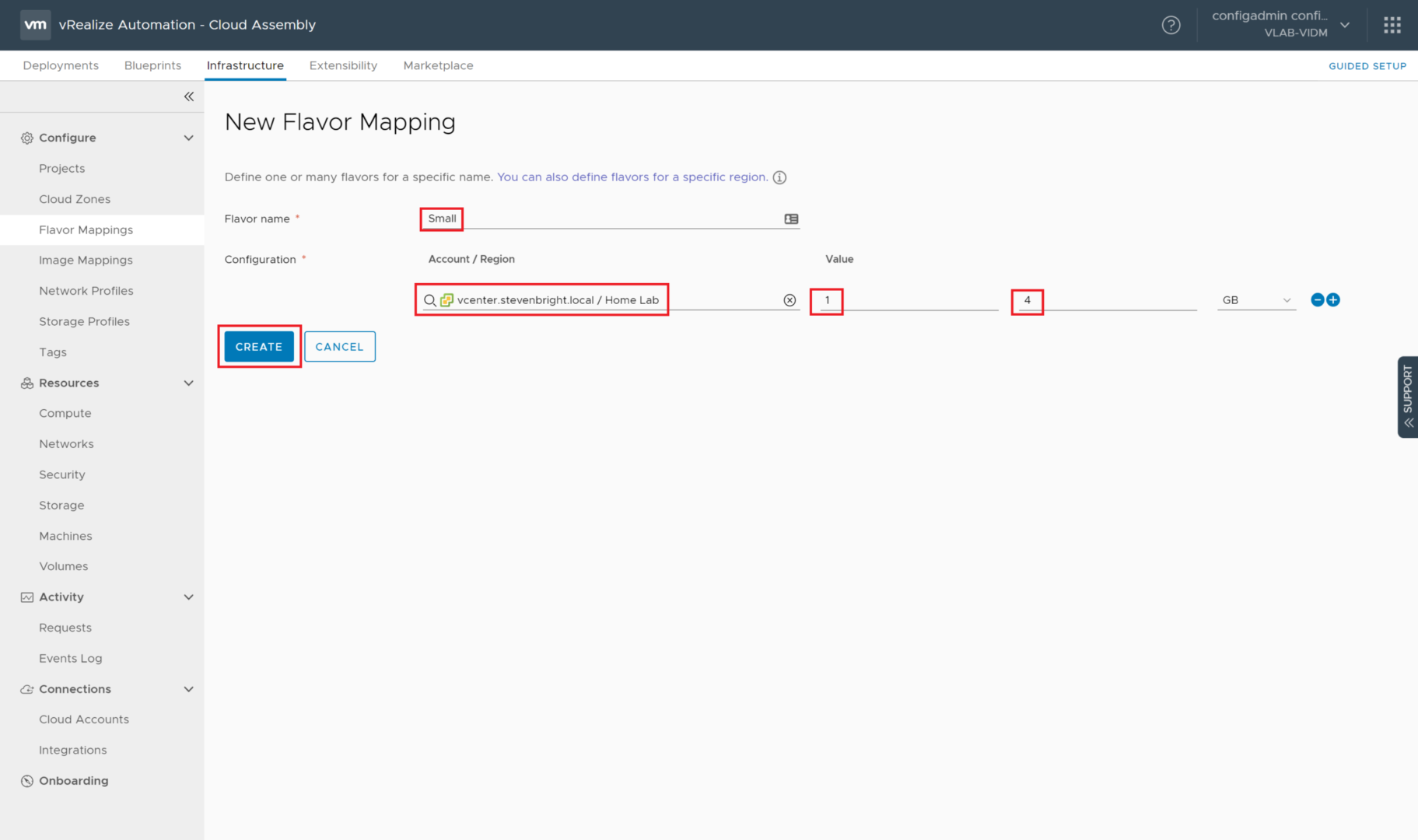 vRealize Automation 8.0 - Cloud Assembly - Flavor Mappings - New Flavor Mapping
