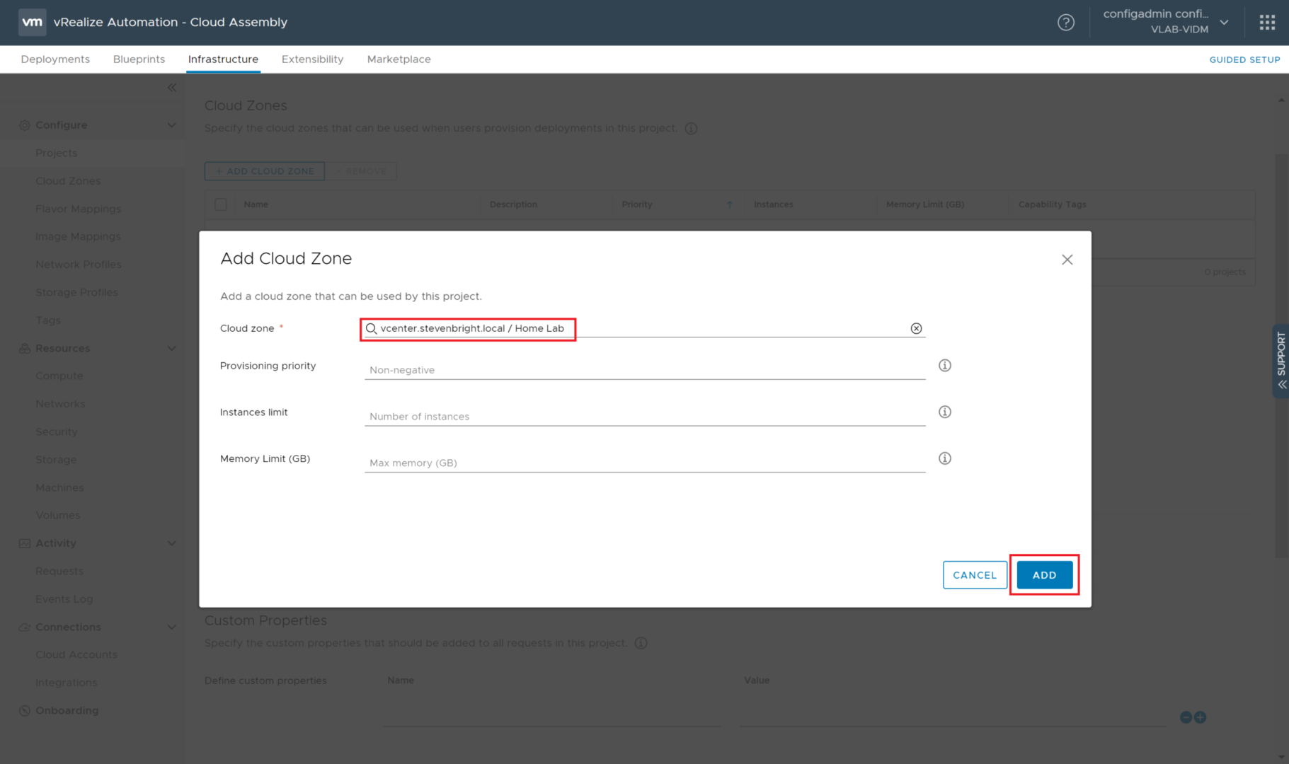 vRealize Automation 8.0 - Cloud Assembly - Projects - New Project - Provisioning - Add Cloud Zone