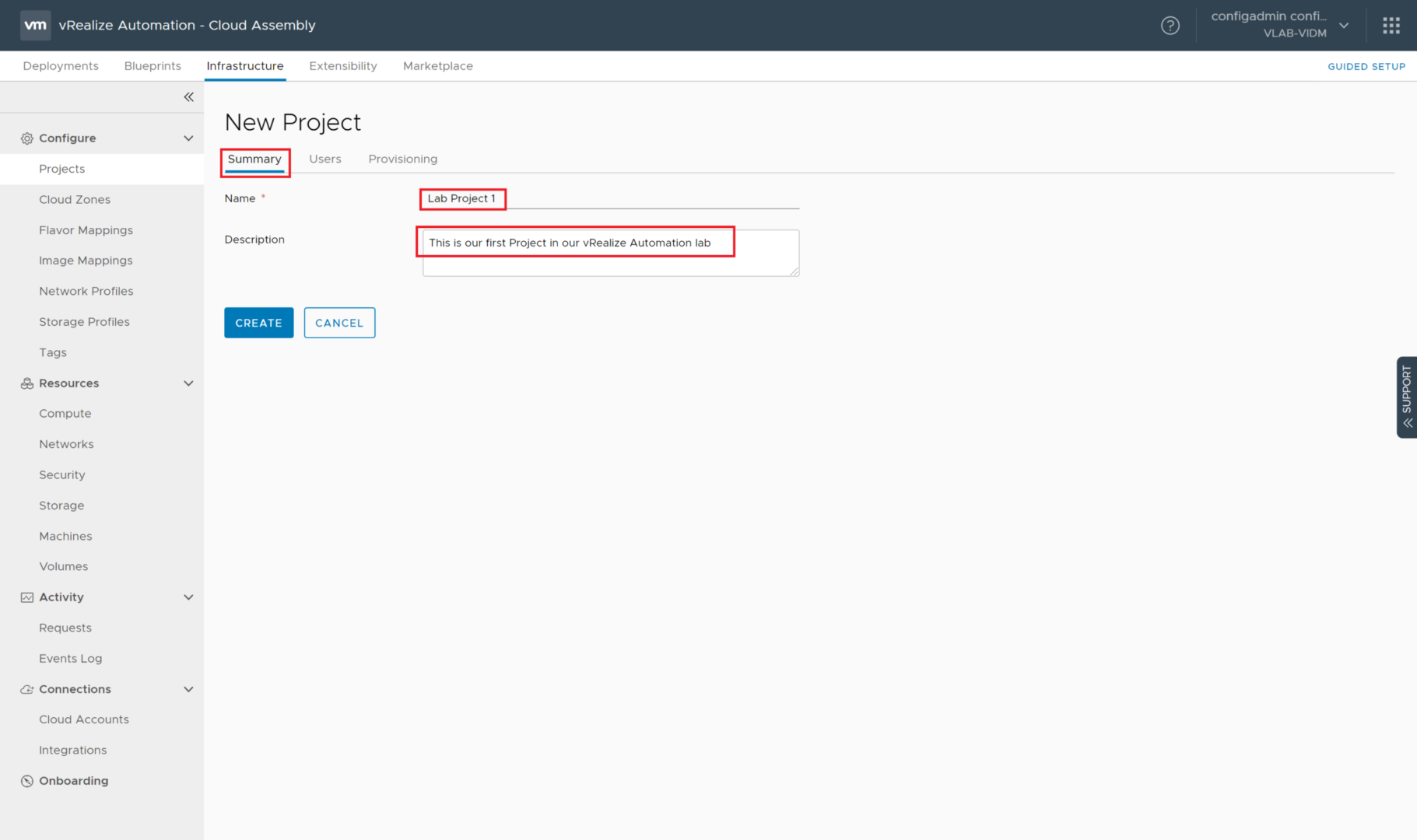 vRealize Automation 8.0 - Cloud Assembly - Projects - New Project - Summary