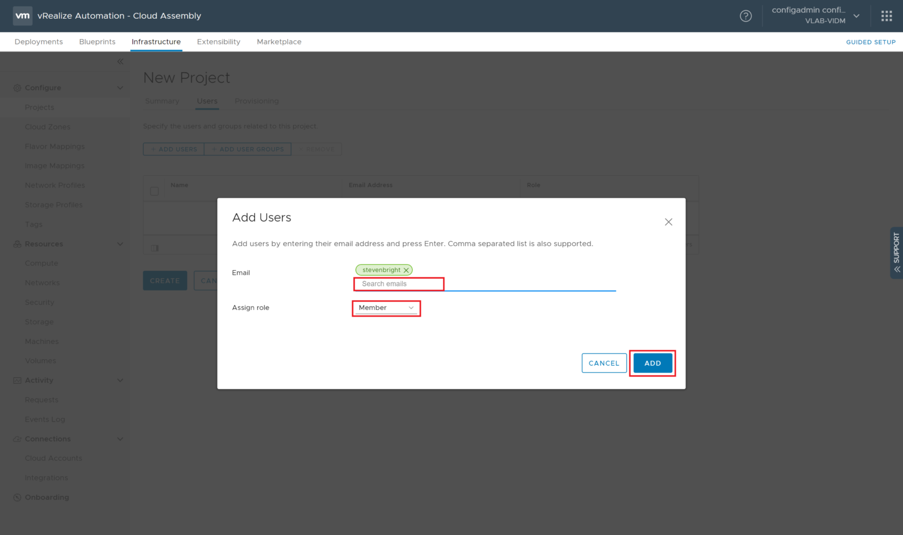 vRealize Automation 8.0 - Cloud Assembly - Projects - New Project - Users - Add Users