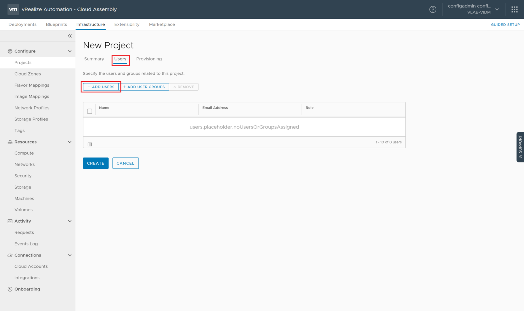 vRealize Automation 8.0 - Cloud Assembly - Projects - New Project - Users