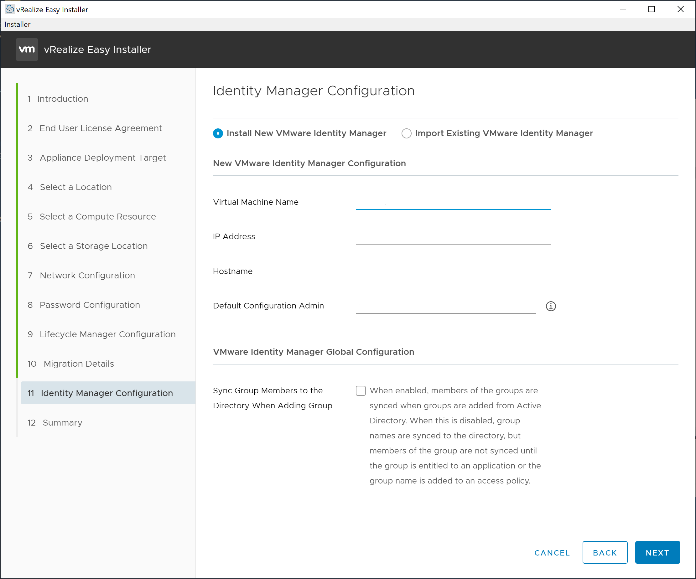 vRealize Easy Installer - Migrate - Identity Manager Configuration - Install New VMware Identity Manager