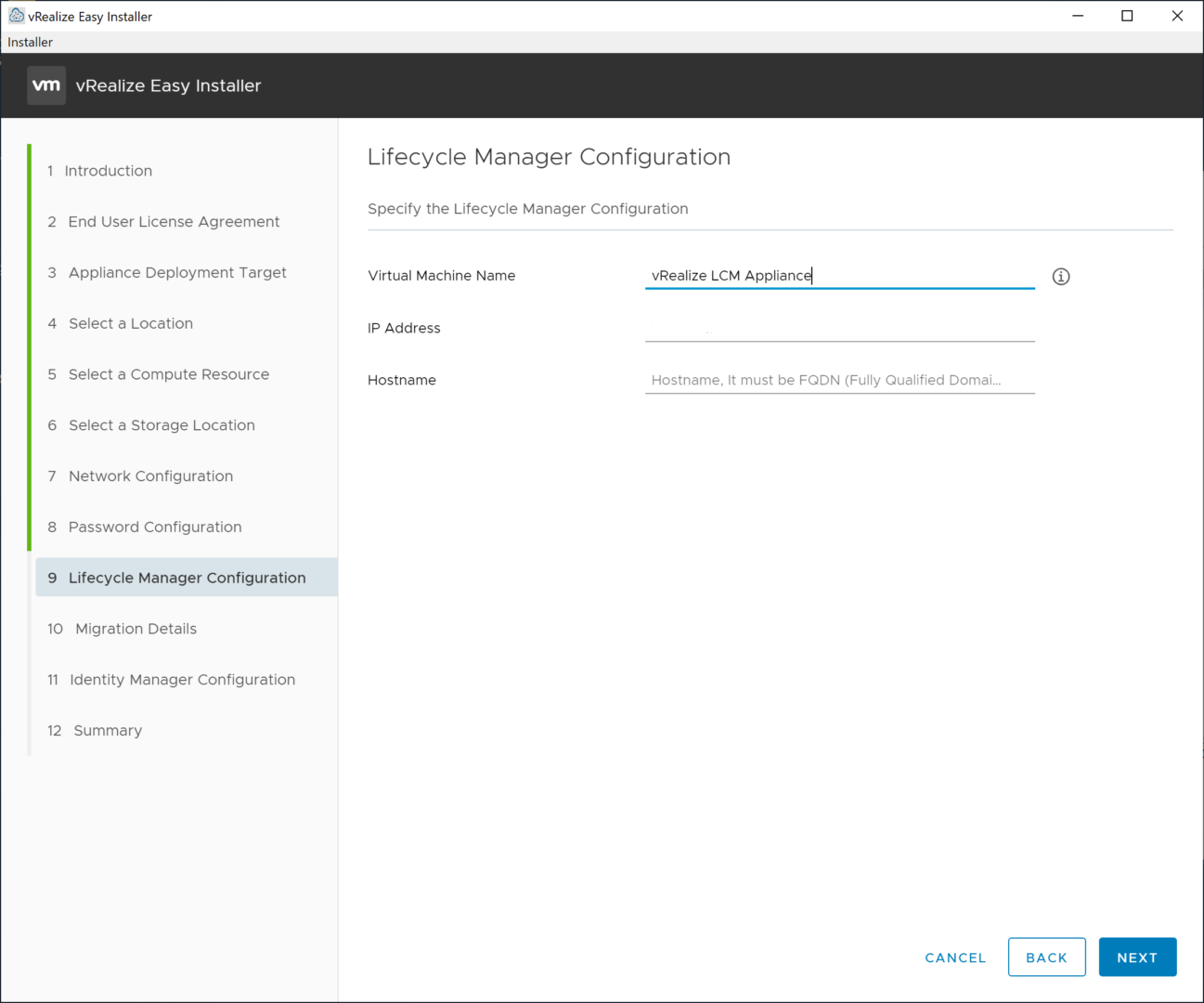vRealize Easy Installer - Migrate - Lifecycle Manager Configuration