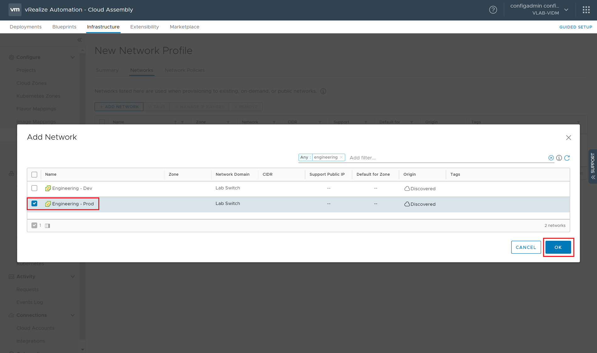 vRealize Automation 8.0 - Cloud Assembly - Infrastructure - Network Profiles - New Network Profile - Networks Tab - Add Network Dialog
