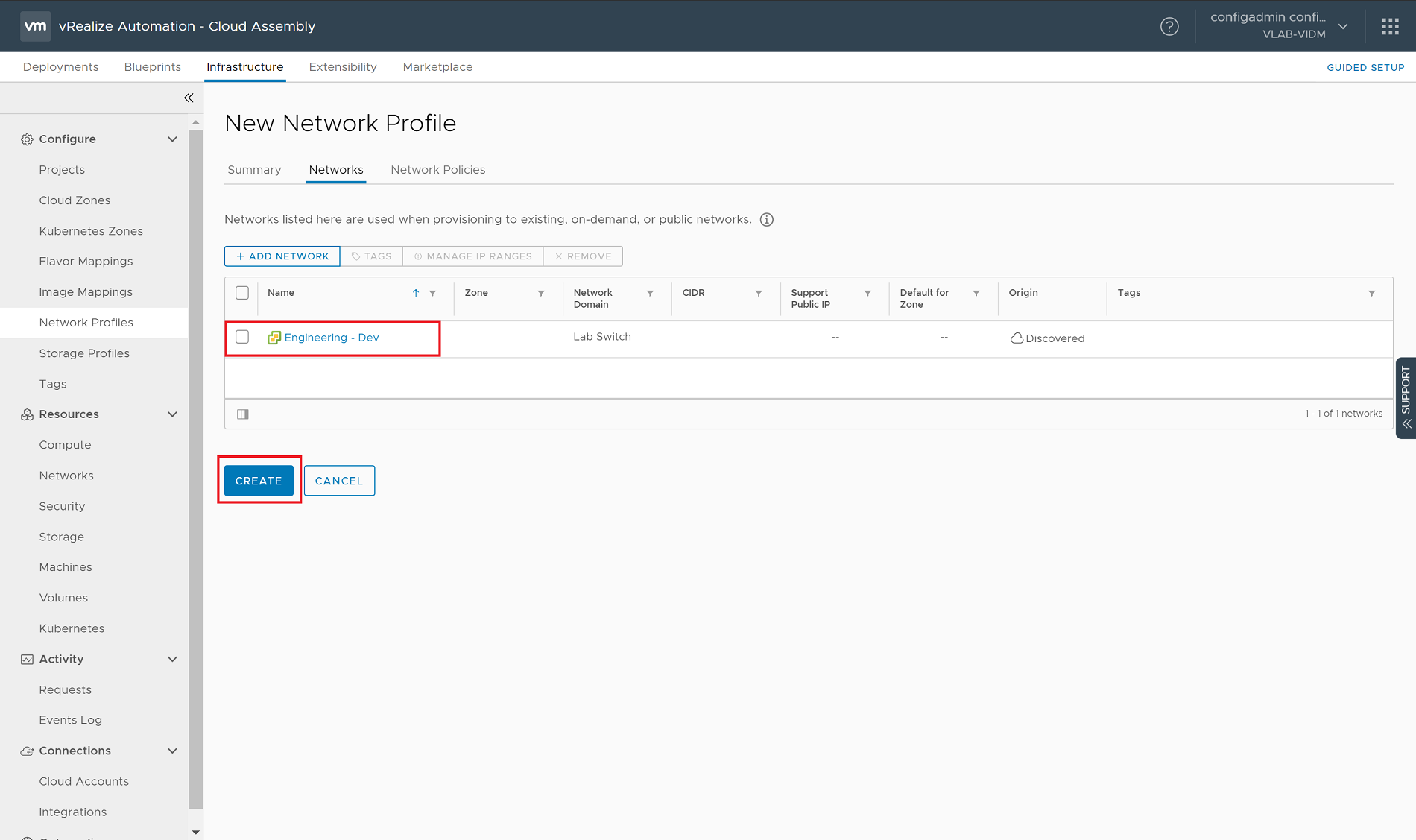 vRealize Automation 8.0 - Cloud Assembly - Infrastructure - Network Profiles - New Network Profile - Networks Tab - With Network Added to List