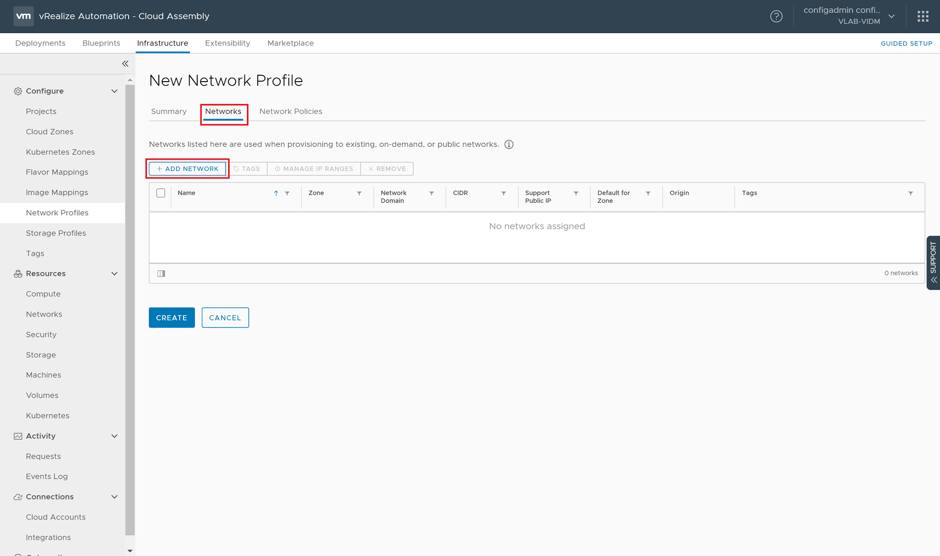 vRealize Automation 8.0 - Cloud Assembly - Infrastructure - Network Profiles - New Network Profile - Networks Tab