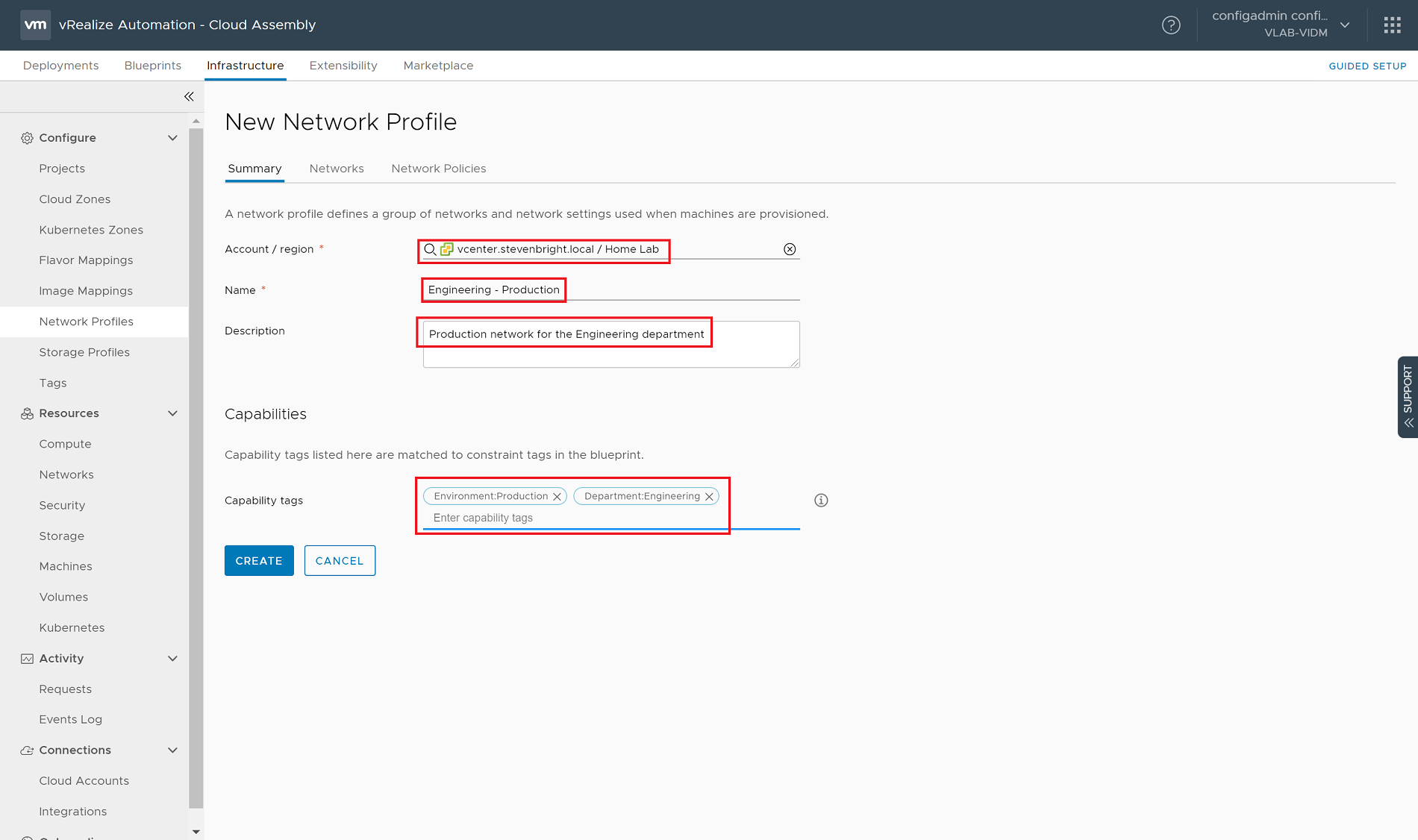 vRealize Automation 8.0 - Cloud Assembly - Infrastructure - Network Profiles - New Network Profile - Summary Tab