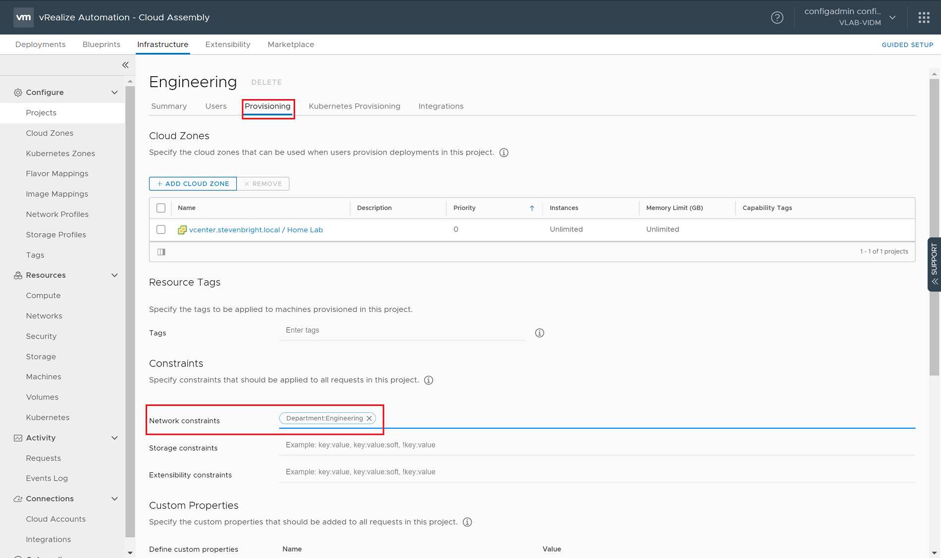 vRealize Automation 8.0 - Cloud Assembly - Infrastructure - Projects - Engineering Project - Provisioning Tab - With Network Constraint Defined