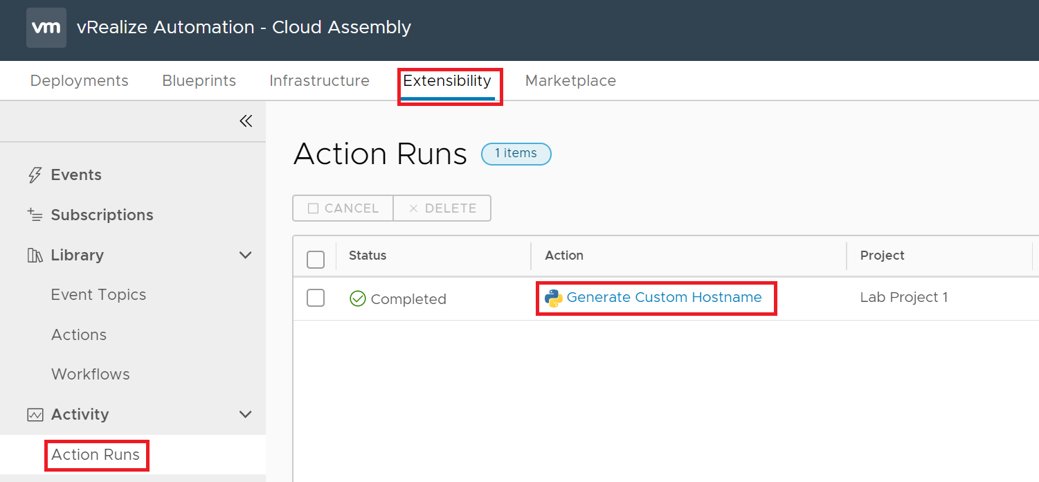 vRealize Automation 8 - Cloud Assembly - Extensibility - Action Runs