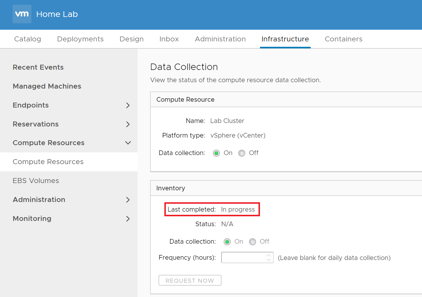 vRealize Automation 7.6 - Compute Resource Data Collection Status - In Progress