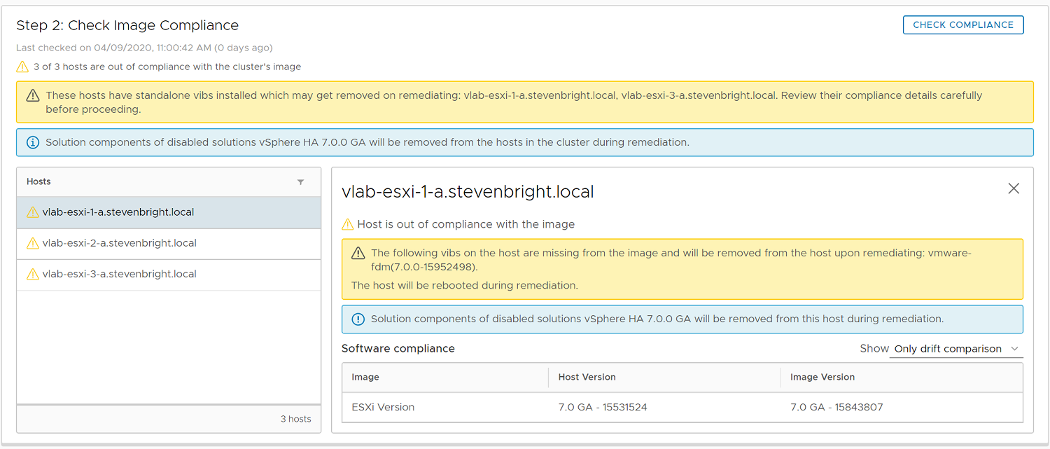 Enable vSphere Lifecycle Manager Image Management - Define Image Details - Compliance Check