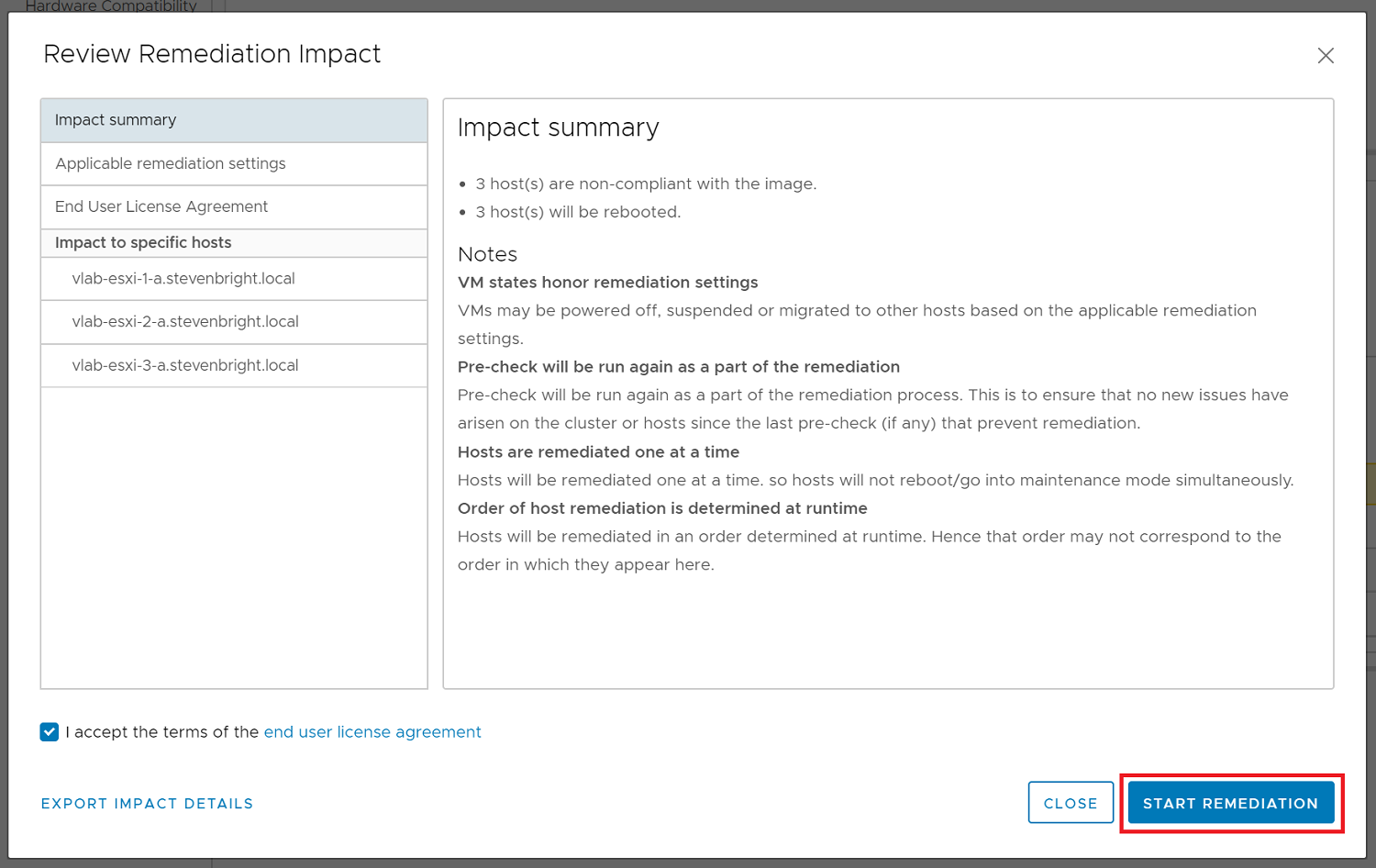 Enable vSphere Lifecycle Manager Image Management - Review Remediation Impact Dialog