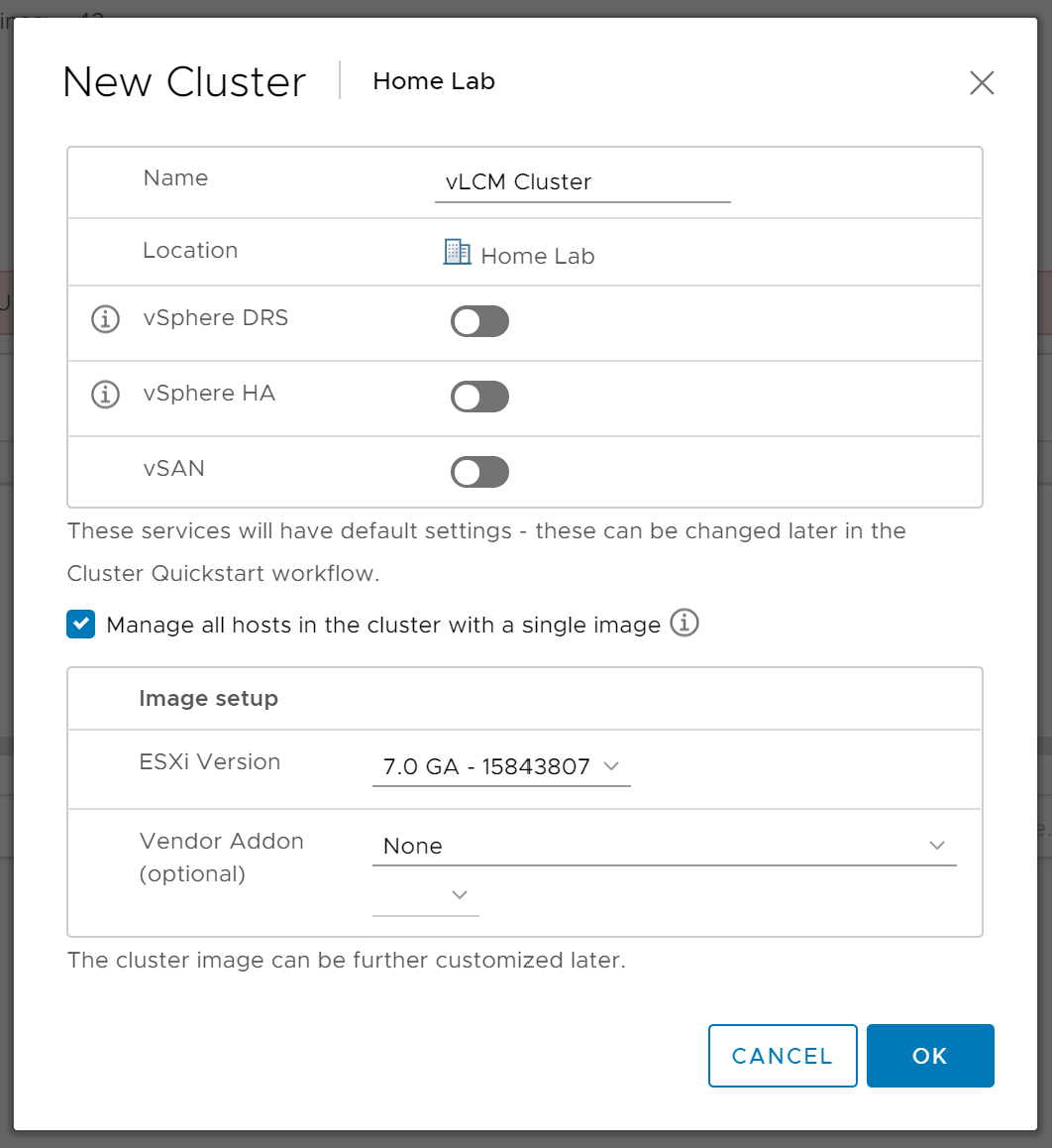 Enable vSphere Lifecycle Manager Image Management When Creating a New Cluster