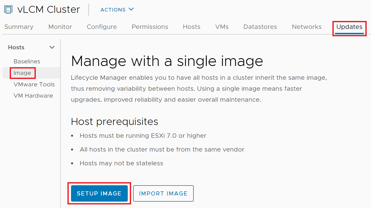 Enable vSphere Lifecycle Manager Image Management from vLCM Cluster Image Configuration Screen