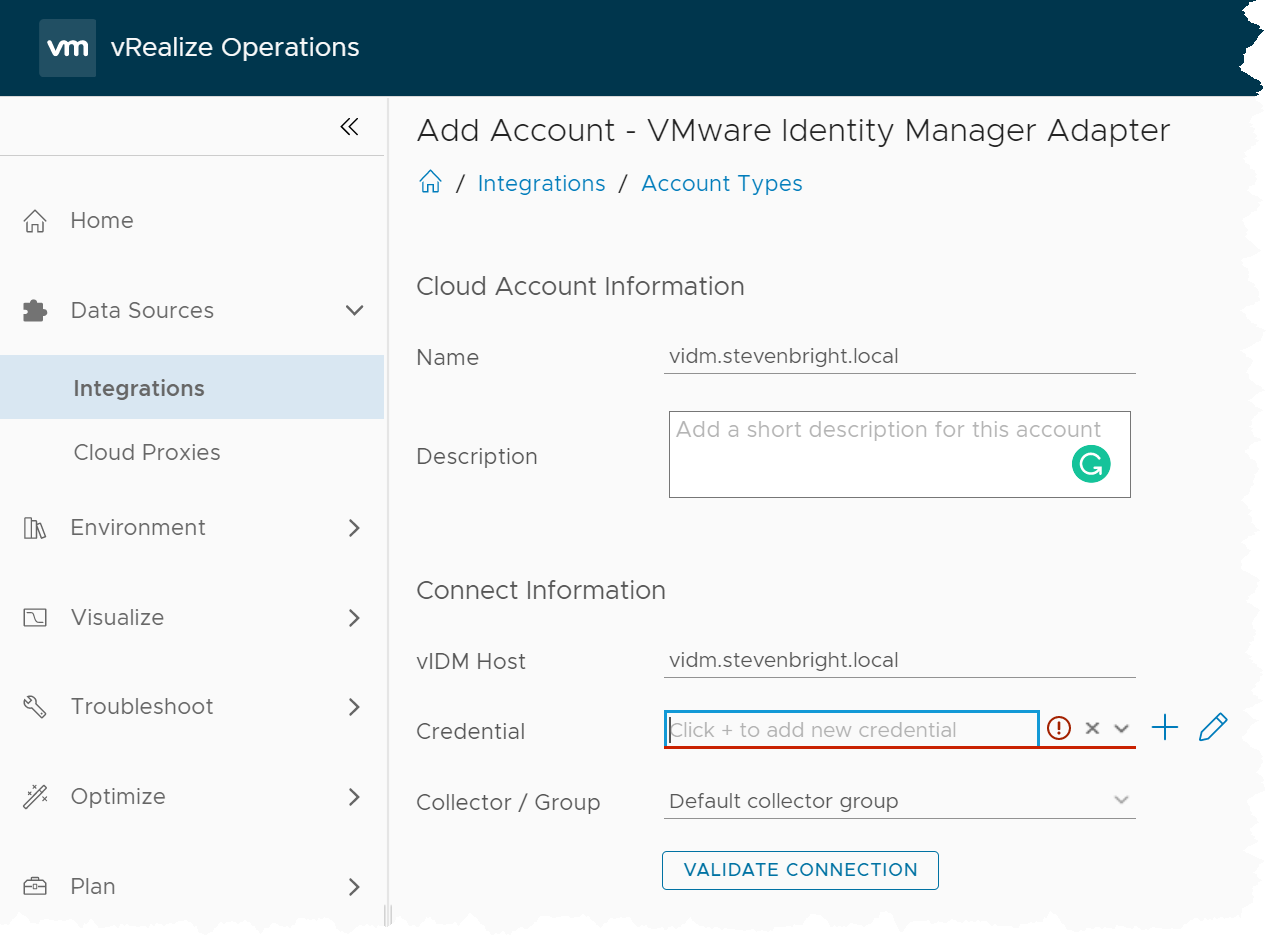 VMware vRealize Operations - Integrations - Add Account