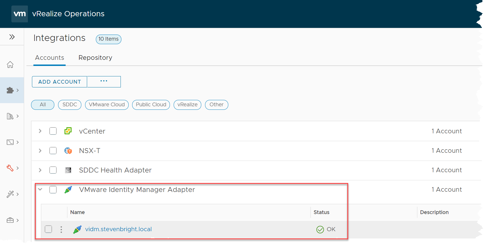 VMware vRealize Operations - Integrations - VMware Identity Manager Adapter - Green OK Status