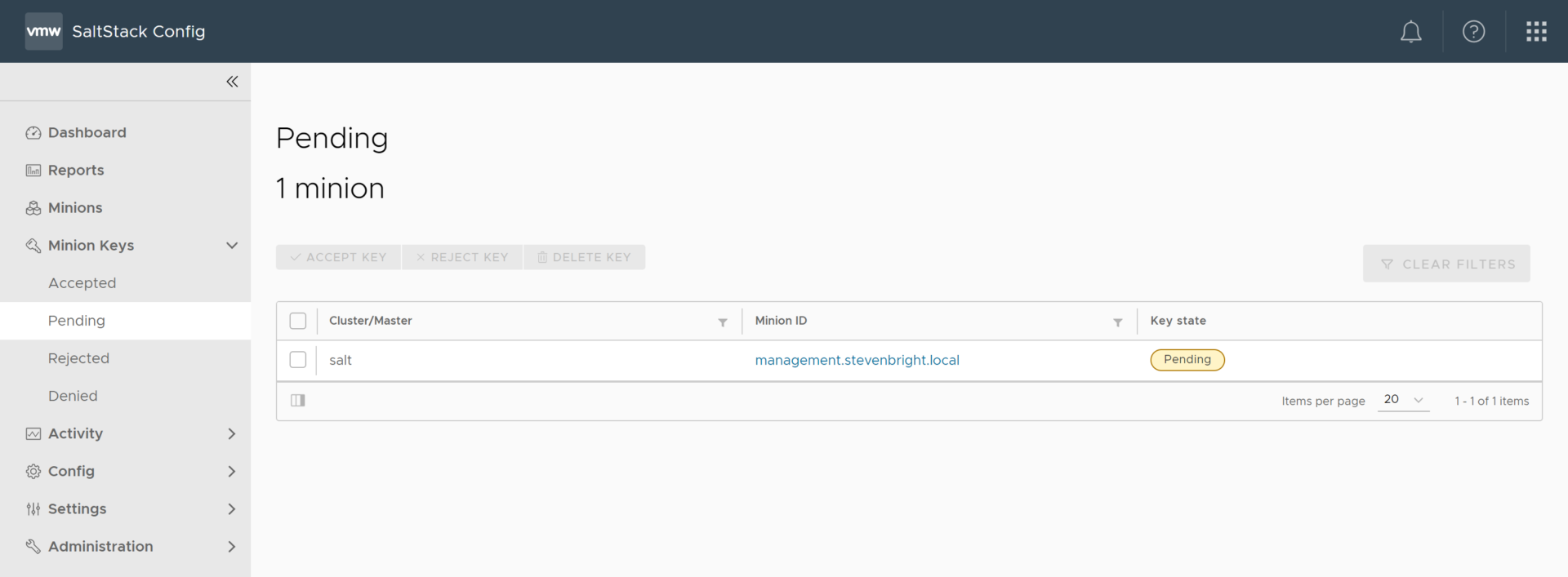 Screenshot of Pending Minion Keys in the VMware vRealize Automation SaltStack Config Web UI