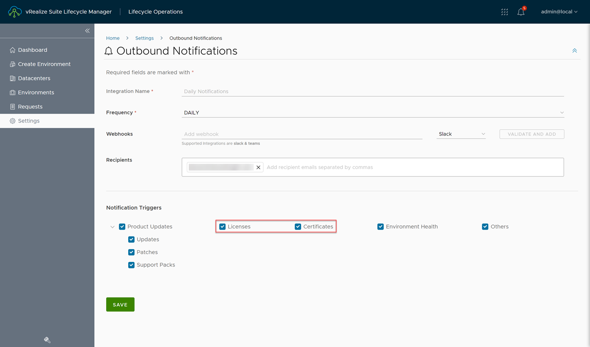 vRealize Suite Lifecycle Manager - Notification