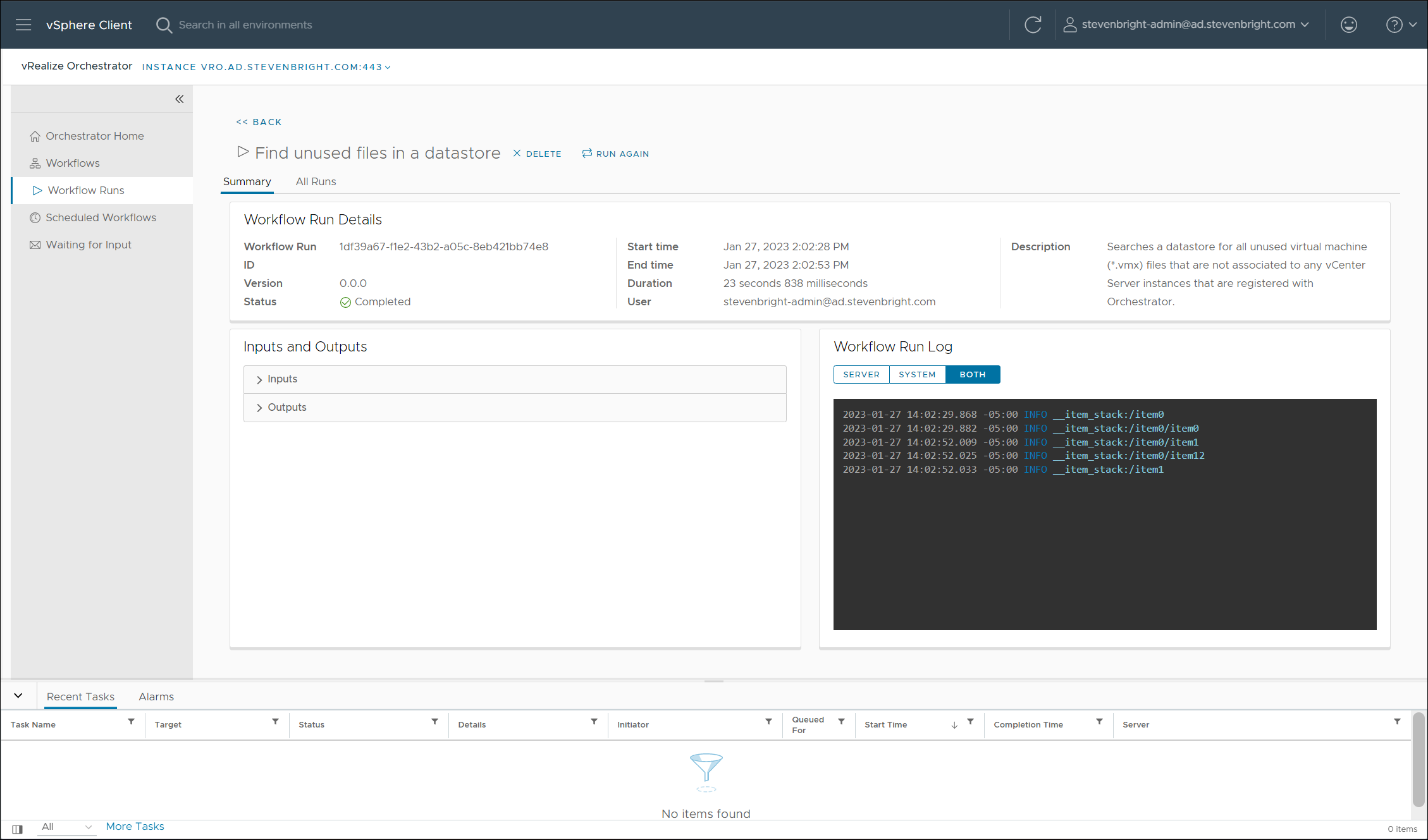 Screenshot of the vCOIN interface showing the status of a workflow execution